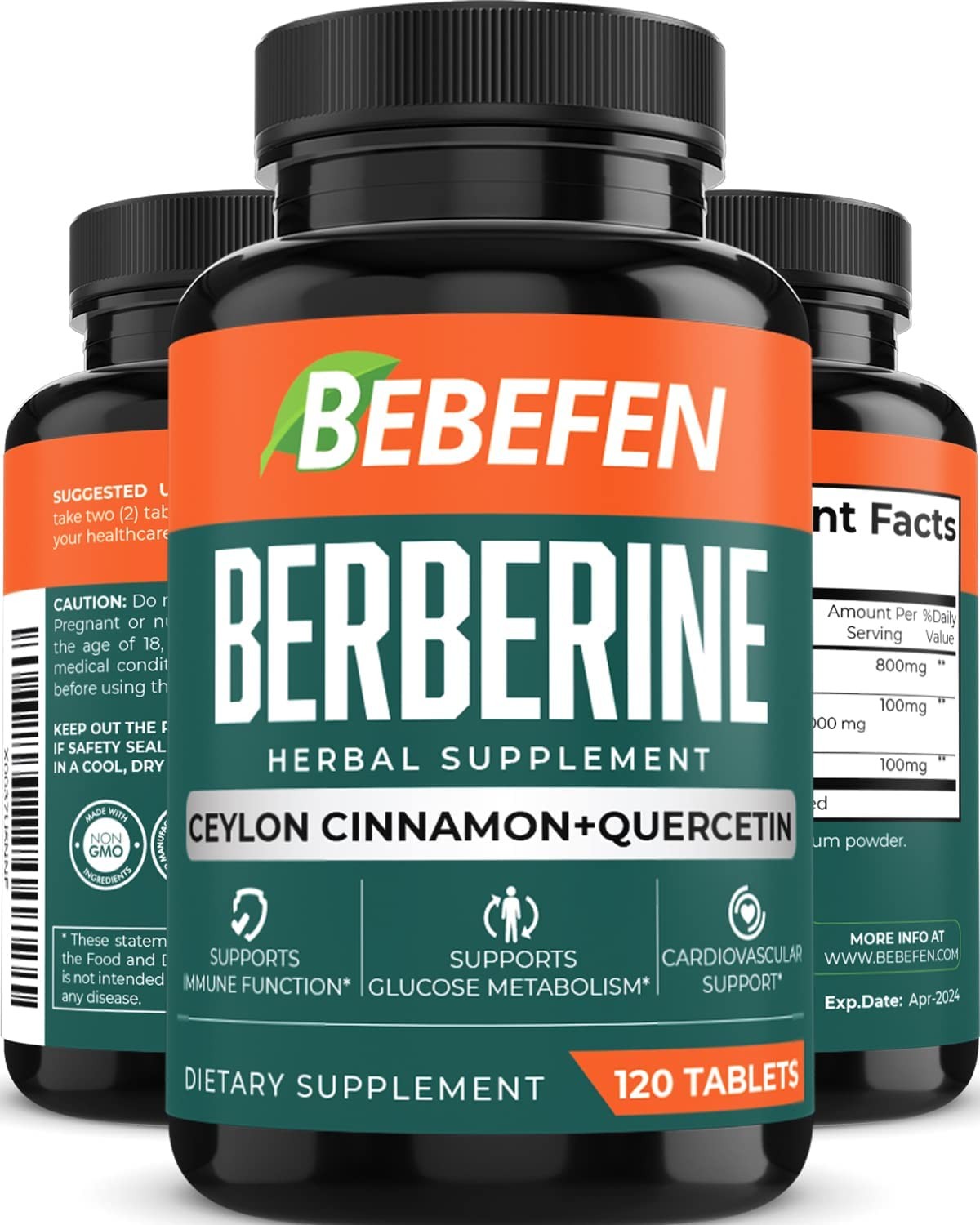 BEBEFEN Berberine Supplement with Ceylon Cinnamon & Quercetin, 1900 Mg per Serving for Cardiovascular Gastrointestinal Immune Support, 120 Tablets, 120 Count (Pack of 1)