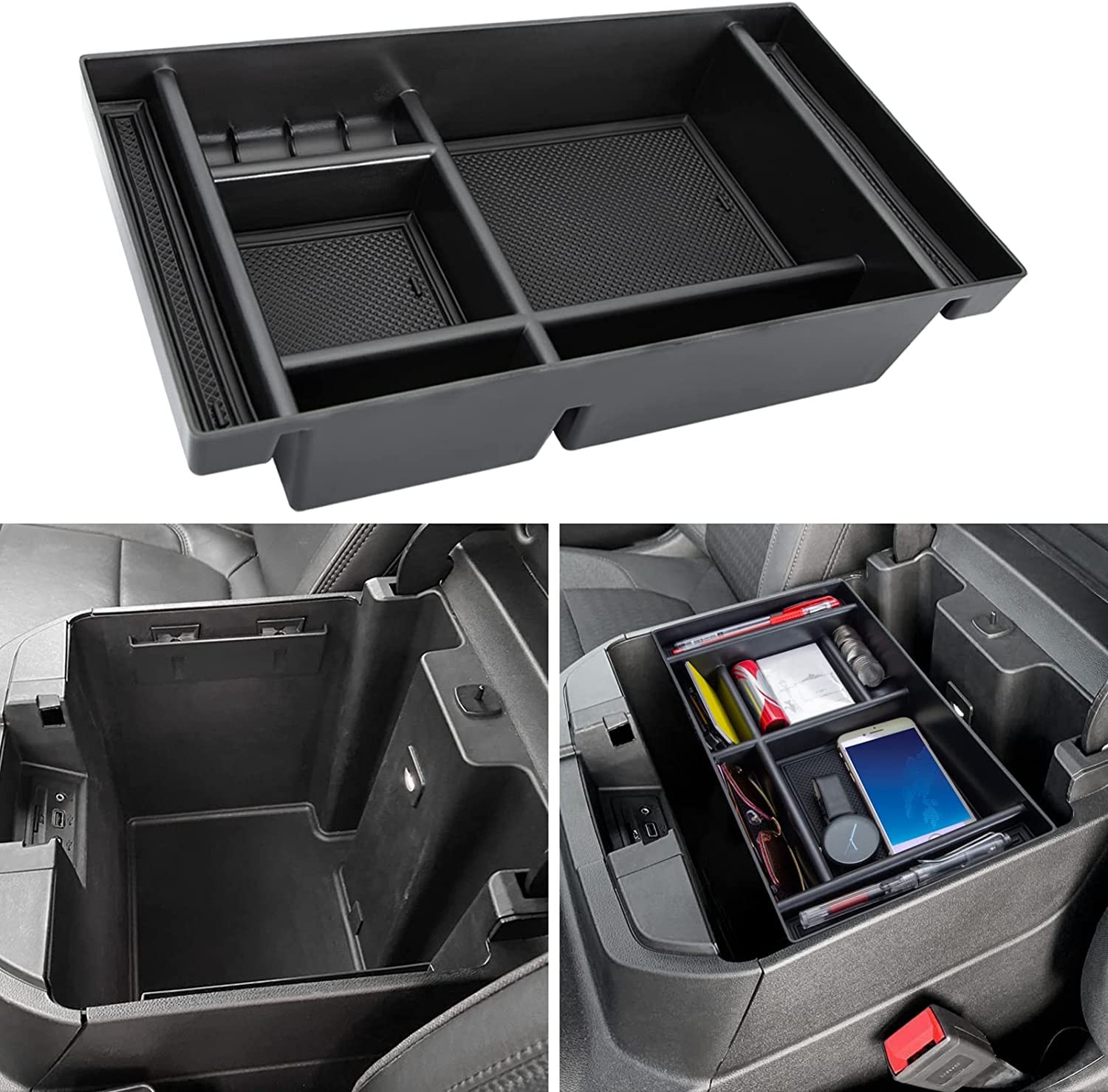 PIMCAR Center Console Organizer Compatible with 2019-2022 Chevy Silverado 1500/GMC Sierra 1500 & 2020-2023 Chevy Silverado/Gmc Sierra 2500 HD/3500 HD (Full Console W/Bucket Seats ONLY) Black Trim