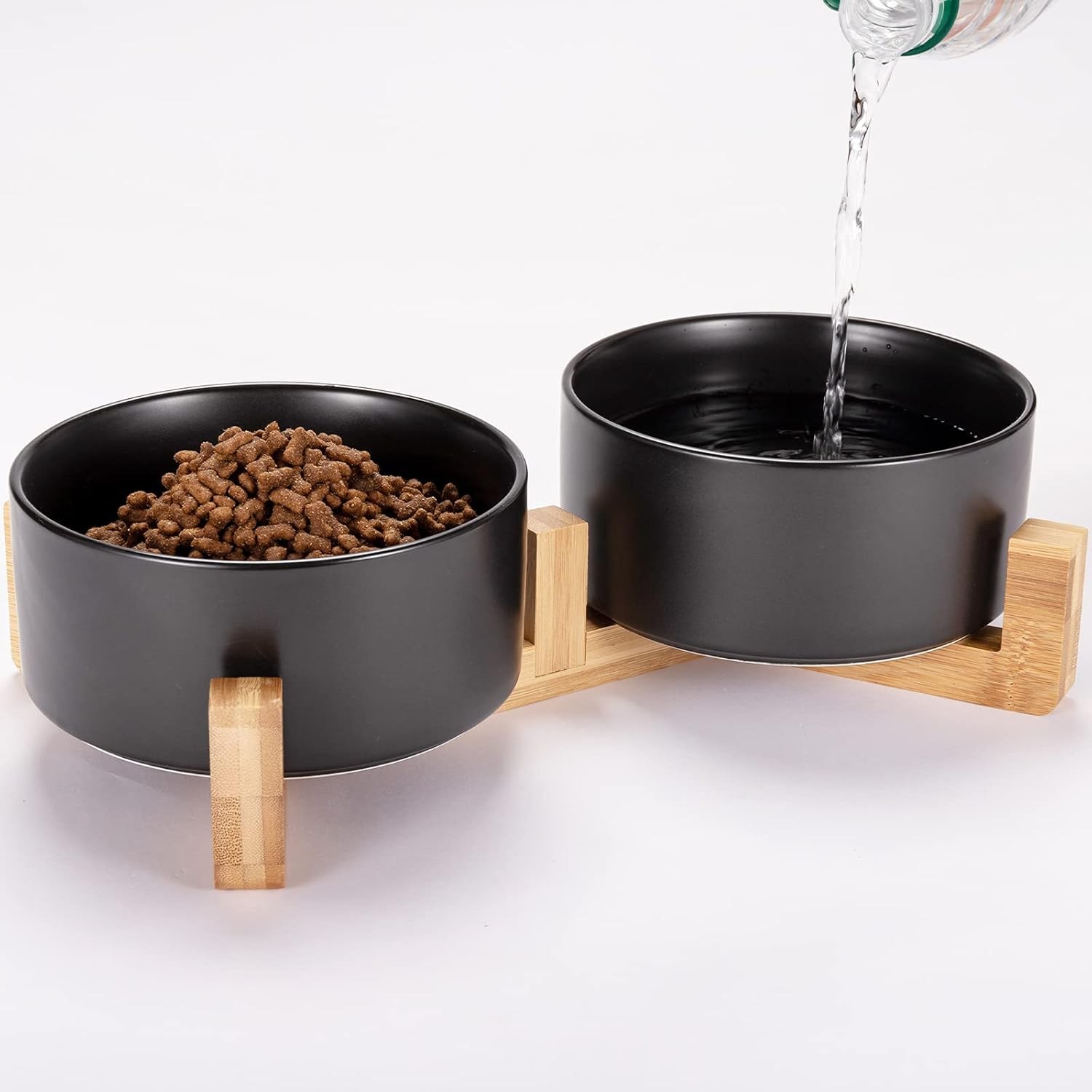 Dog Bowl, Raised Dog Food and Water Bowl, Ceramic Dog Bowl Set with Non-Slip Wood Stand for Medium Sized Dog and Cat, 28.74Oz/850Ml Black