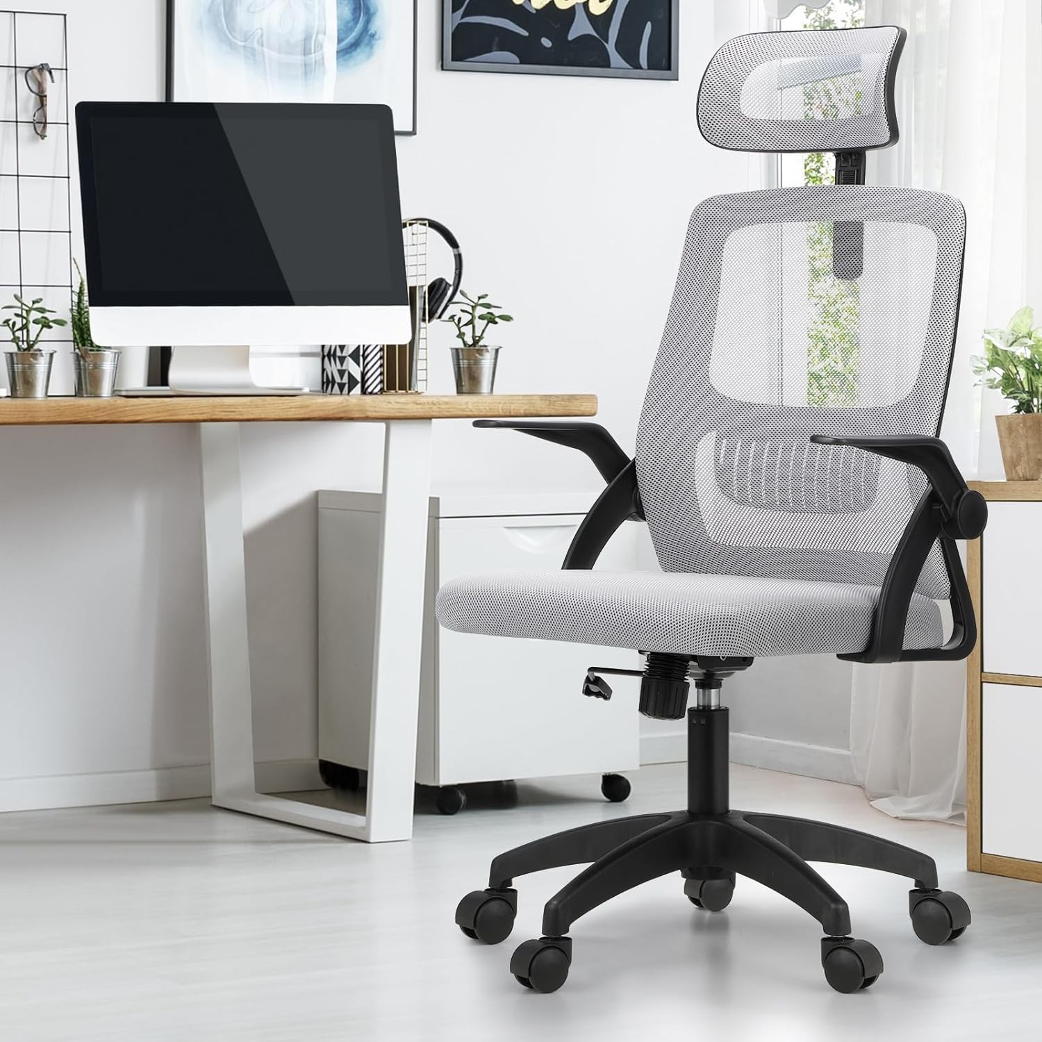 Oikiture Ergonomic Office Chair, Highly Breathable Home Office Chair with Removable Headrest, Retractable Armrest and Wide Tall Backrest, Computer Desk Chair for Office Black and Grey