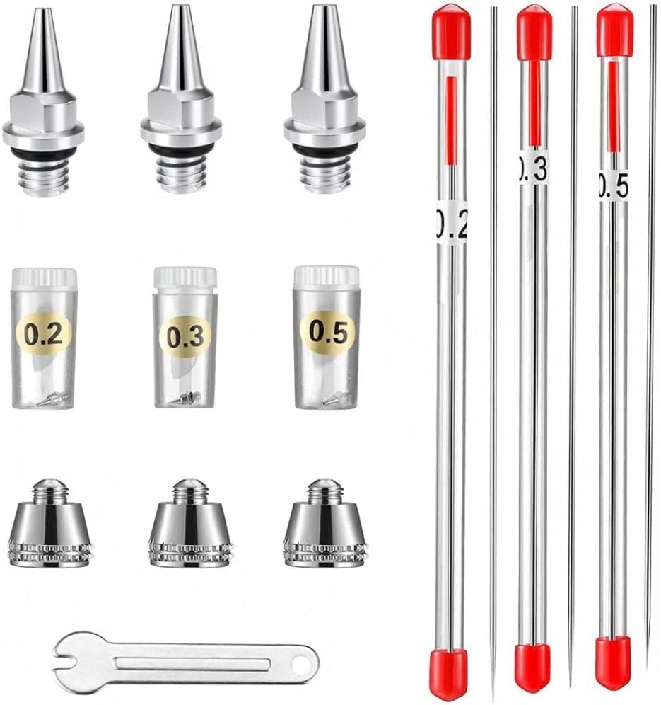 ABEST 0.2Mm, 0.3Mm, 0.5Mm Airbrush Nozzle Airbrush Needle Nozzle Cap Replacement Parts for Airbrush Spray Gun Sprayer Accessories.