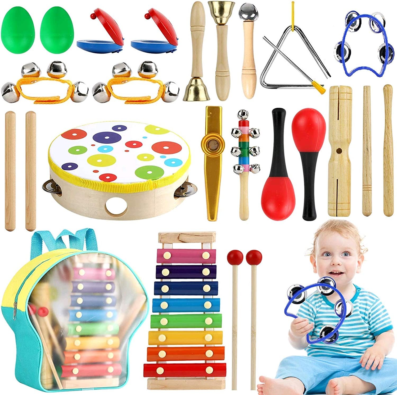 Baby Musical Instruments, 25 PCS Wooden Percussion Instruments Toys for Toddler Kids Preschool Education, Early Learning Musical Toys for Girls Boys Gift with Storage Backpack