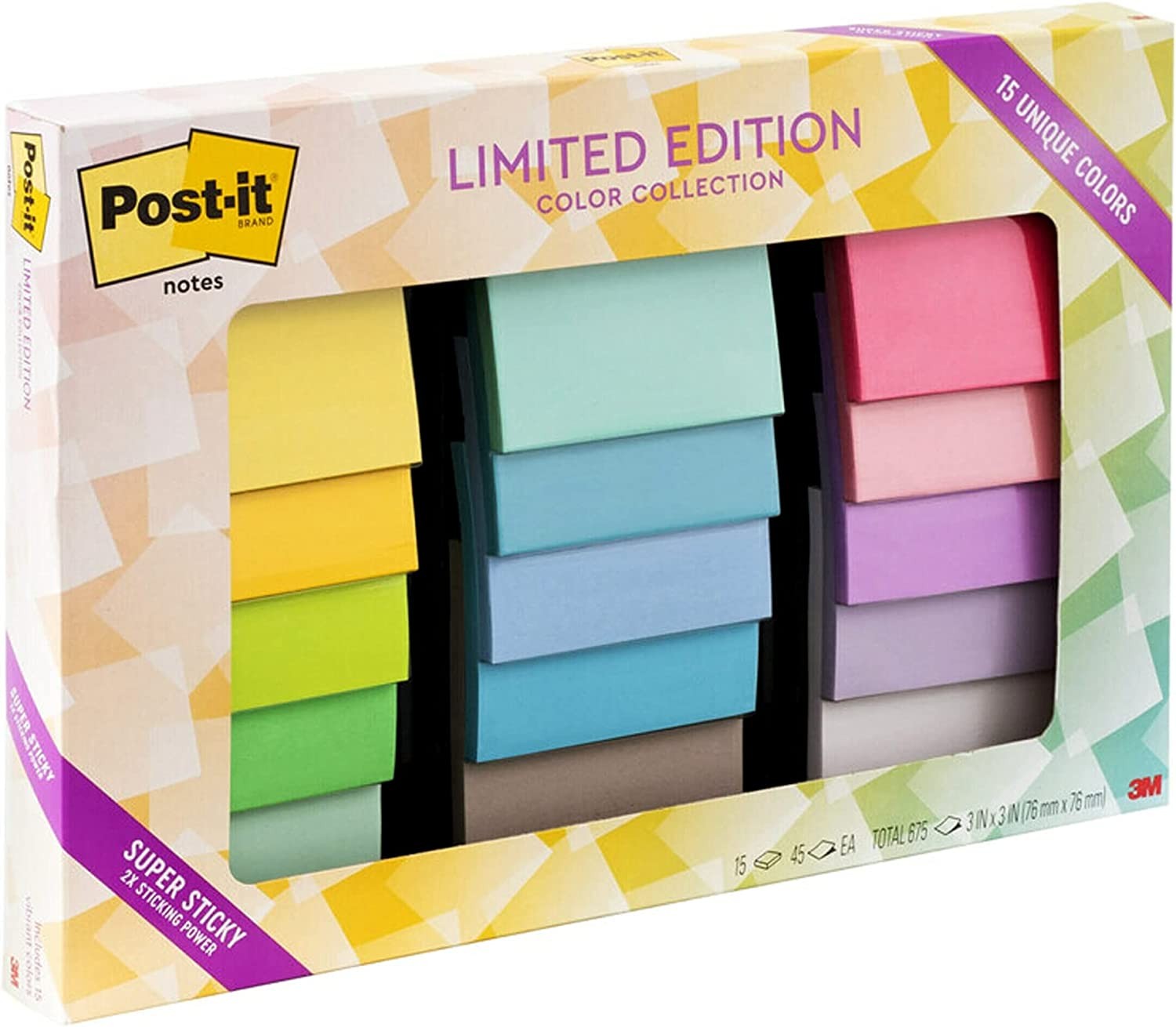 Post-It Notes Limited Edition Super Sticky Color Collection, 76X76Mm, 15 Pads/Pack, 45 Sheets/Pad (654-15SSALL)