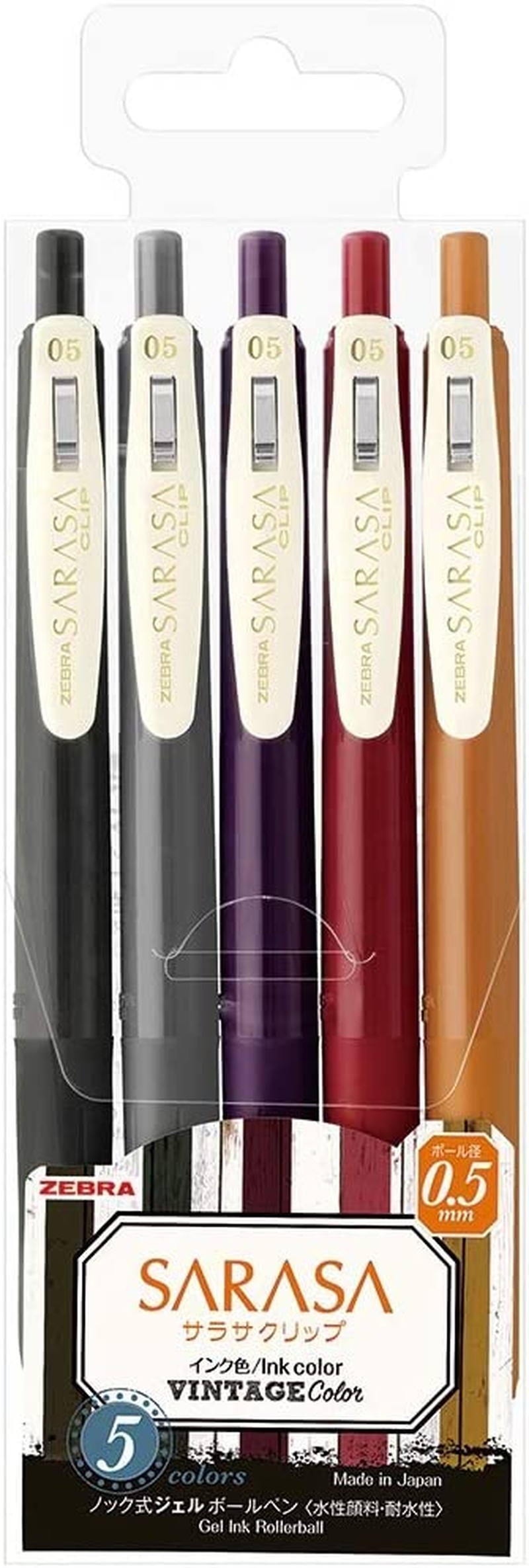 Zebra Sarasa Clip Gel Ink Ballpoint Pen 0.5Mm, Rubber Grip, Vintage Colors, 5 Colors Set 2 (JJ15-5C-VI2)