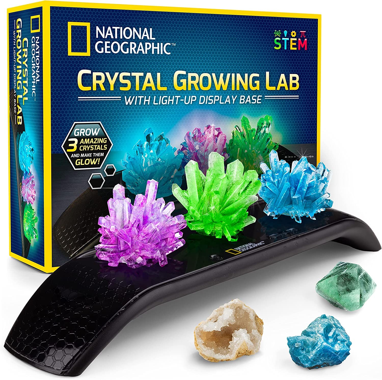 NATIONAL GEOGRAPHIC Crystal Growing Kit – 3 Vibrant Colored Crystals to Grow with Light-Up Display Stand & Guidebook, Includes 3 Real Gemstone Specimens Including a Geode & Green Fluorite