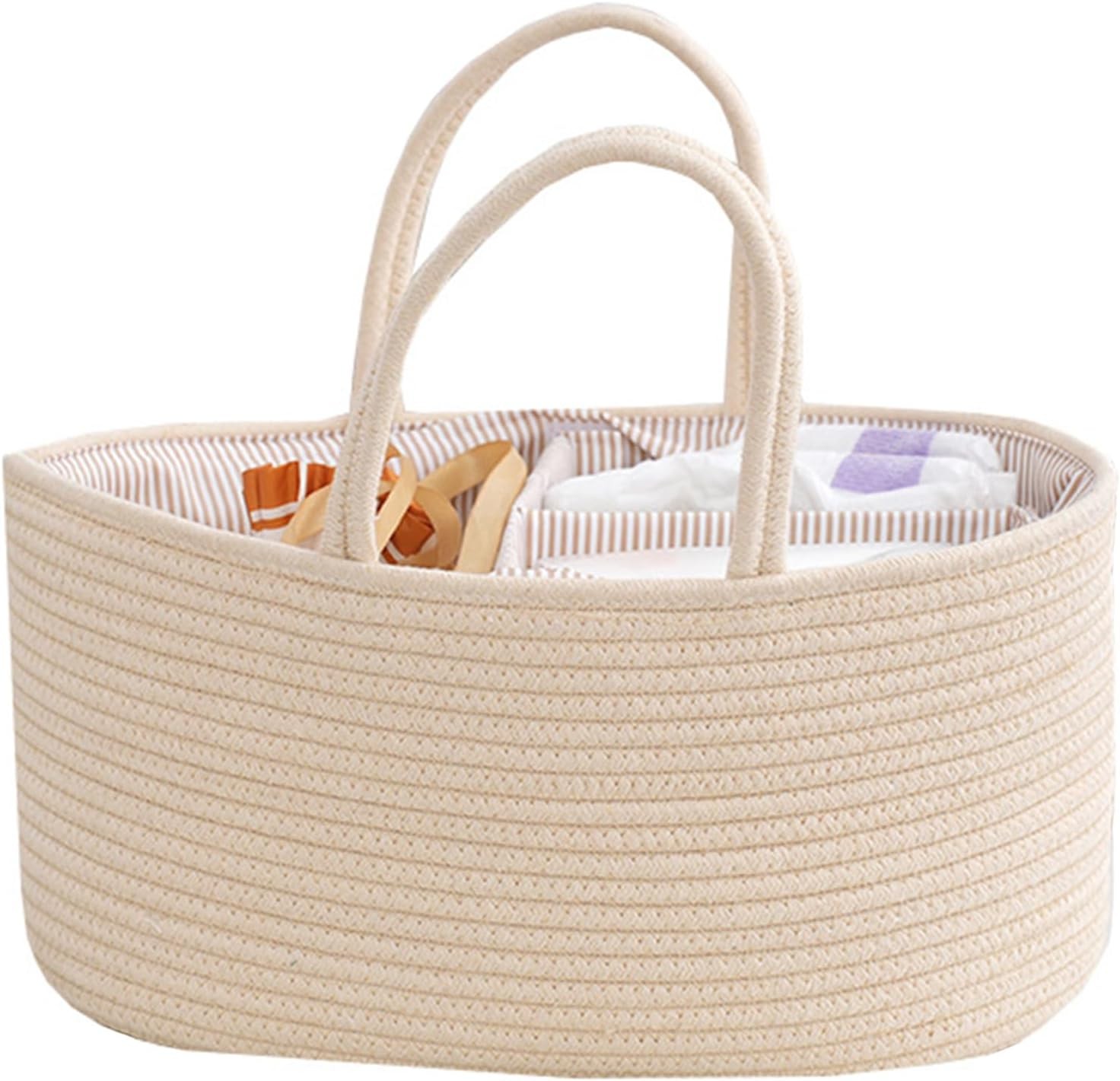 Baby Nappy Caddy, Nappy Organiser, Nursery Bohemian Cotton Rope Storage Basket, Portable Car Organizer with Removable Inserts (Beige)