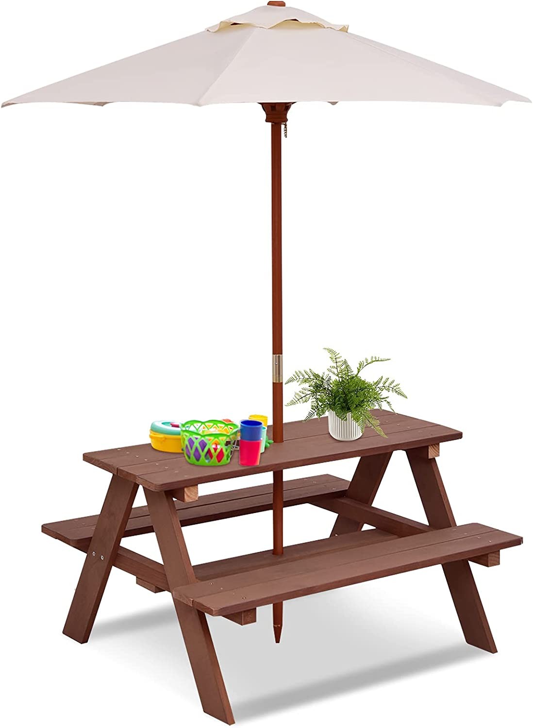 HONEY JOY Kids Picnic Table, Wooden Table & Bench Set W/Removable & Foldable Umbrella, Toddler Patio Set for Backyard, Garden, Lawn, Outdoor Kids Table and Chair Set for Girls & Boys (Natural)