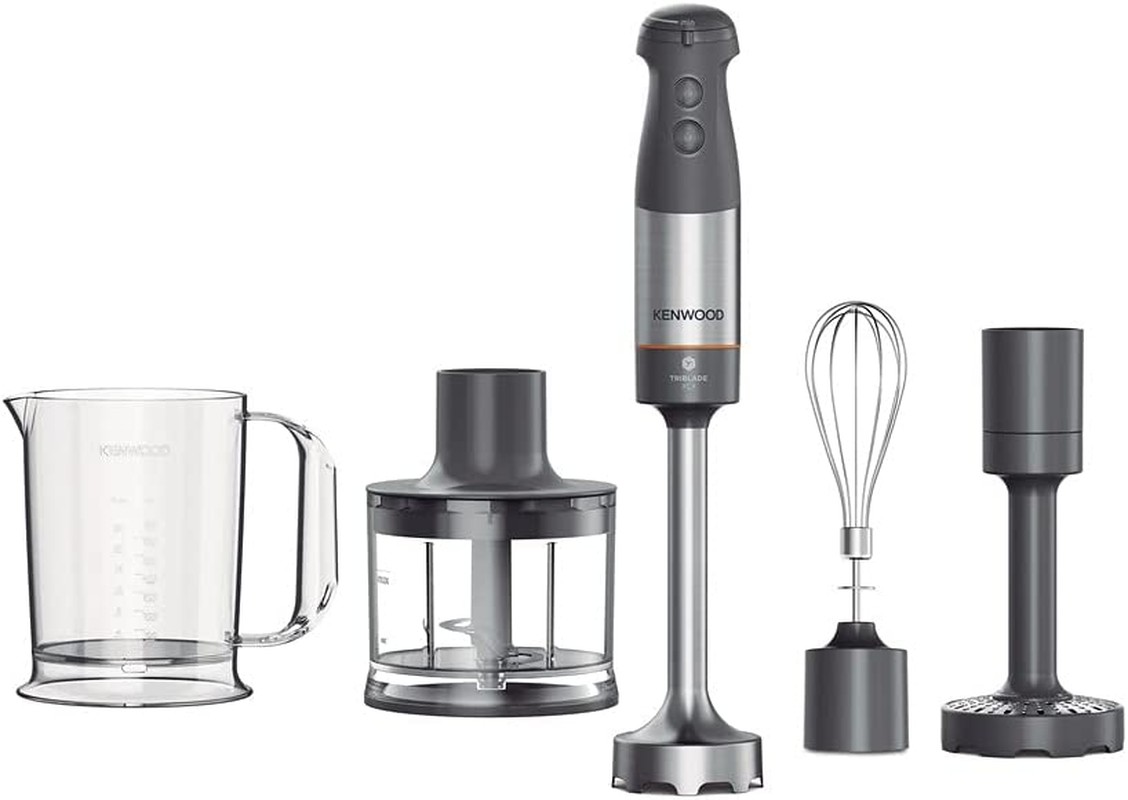 Kenwood Triblade XL Hand Blender, Mixer with Anti-Splash, Chopper 500Ml, Metal Whisk and Masher Attachment and Bpa-Free Plastic Beaker, HBM60.307GY, Dishwasher Safe, 1000W, Grey