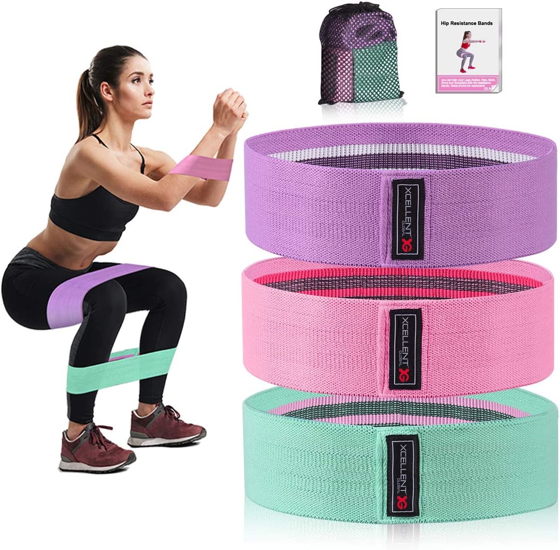 Strength Booty Fabric Bands, Xcellent Global 3 Pcs Non-Slip Fabric Resistance Bands for Butt, Leg & Arm, Circle Workout Hip Bands with Varied Resistance Levels