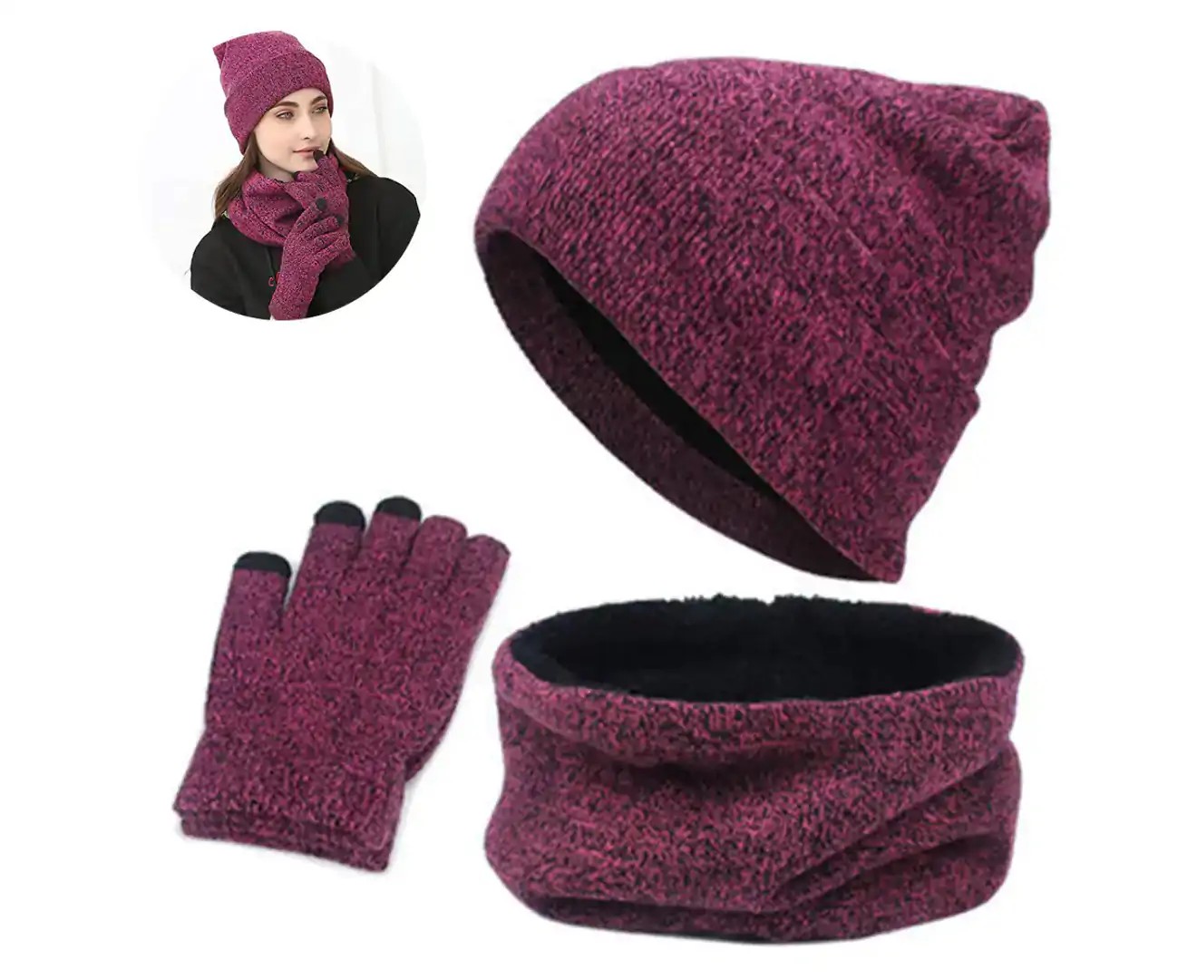 1 Set/ 3 Pcs Winter Hat Scarf Gloves Set for Men and Women, Beanie Gloves Neck Warmer Set with Warm Knit Fleece Lined