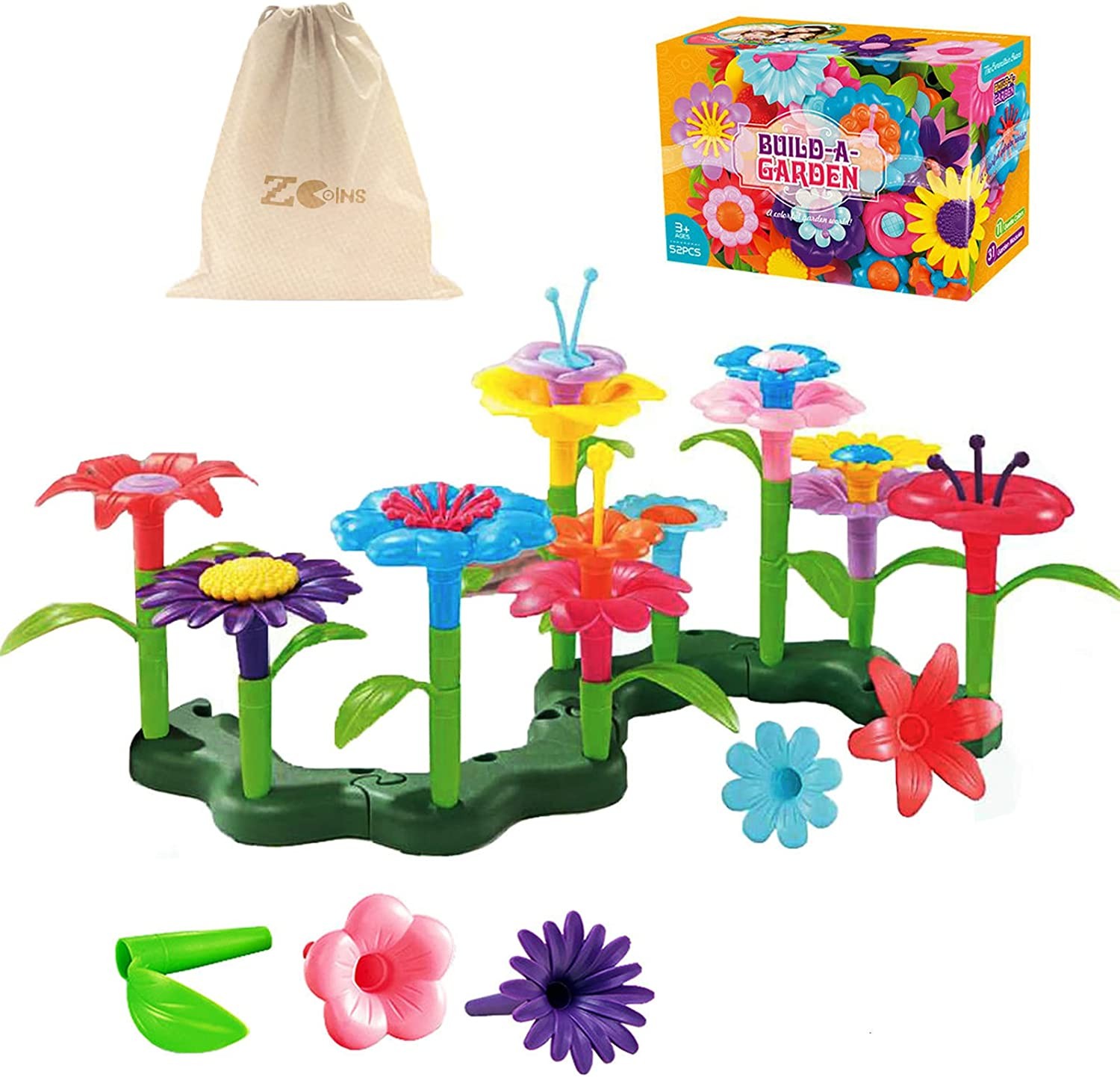 Oundarm Build a Garden DIY Arts Flower Building Toys Set 3+ Years Old Girls Stacking Game for Toddlers, 52Pcs with Box and Bag