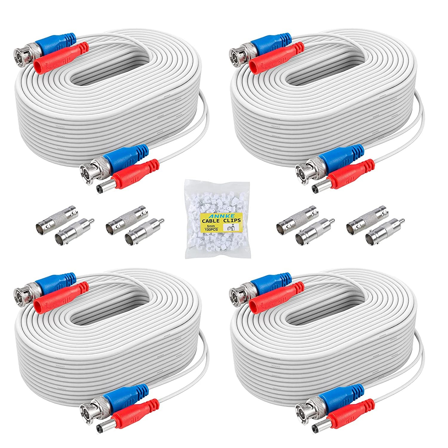 ANNKE 4 Pack 30M/100Ft All-In-One Video Power Cables, BNC Extension Surveillance Camera Cables for CCTV Security DVR System Installation, Free 4 X BNC & RCA Connectors and 100Pcs Cable Clips Included