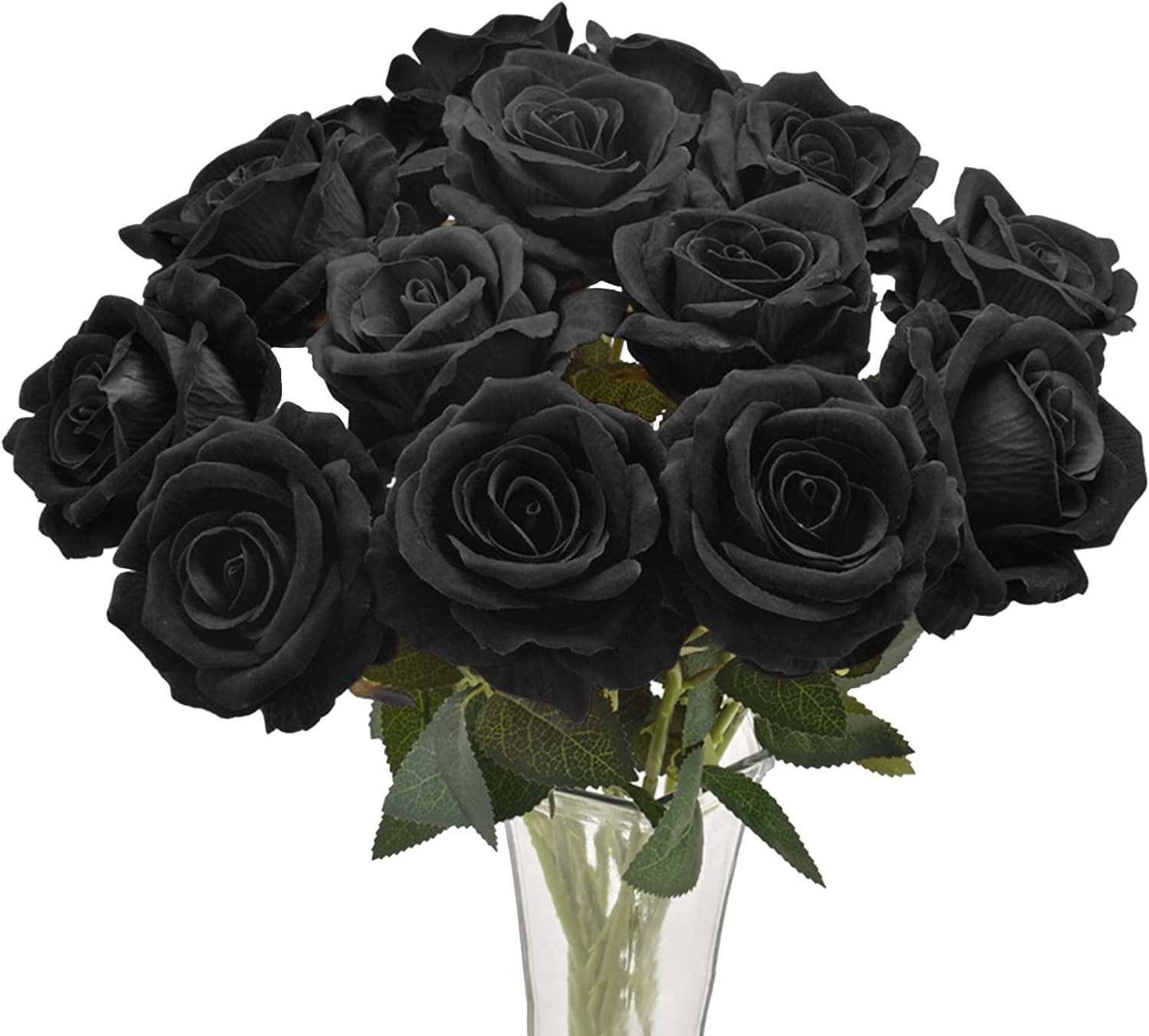 Avoik Artificial Flowers Rose Bouquet Black Fake Silk Flower Roses with Stem Realistic Rose Faux Flowers for Wedding Party Halloween Home Decor Table Decoration, 12Pcs (Black)