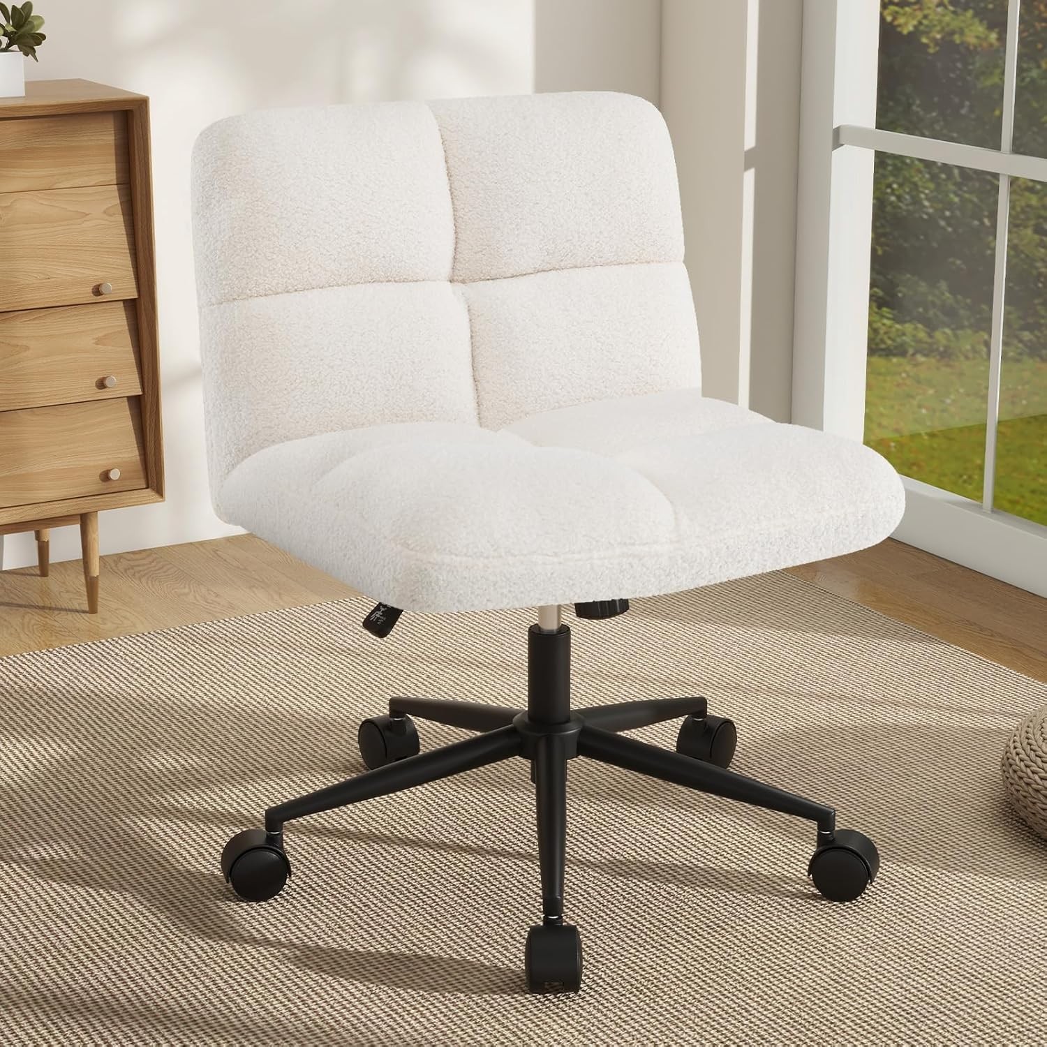 Giantex Cross Legged Chair with Wheels, Upholstered Home Office Chair with Padded Seat, Adjustable Height, Wide Armless Computer Desk Chair, Modern Swivel Vanity Chair for Bedroom, Study, Beige