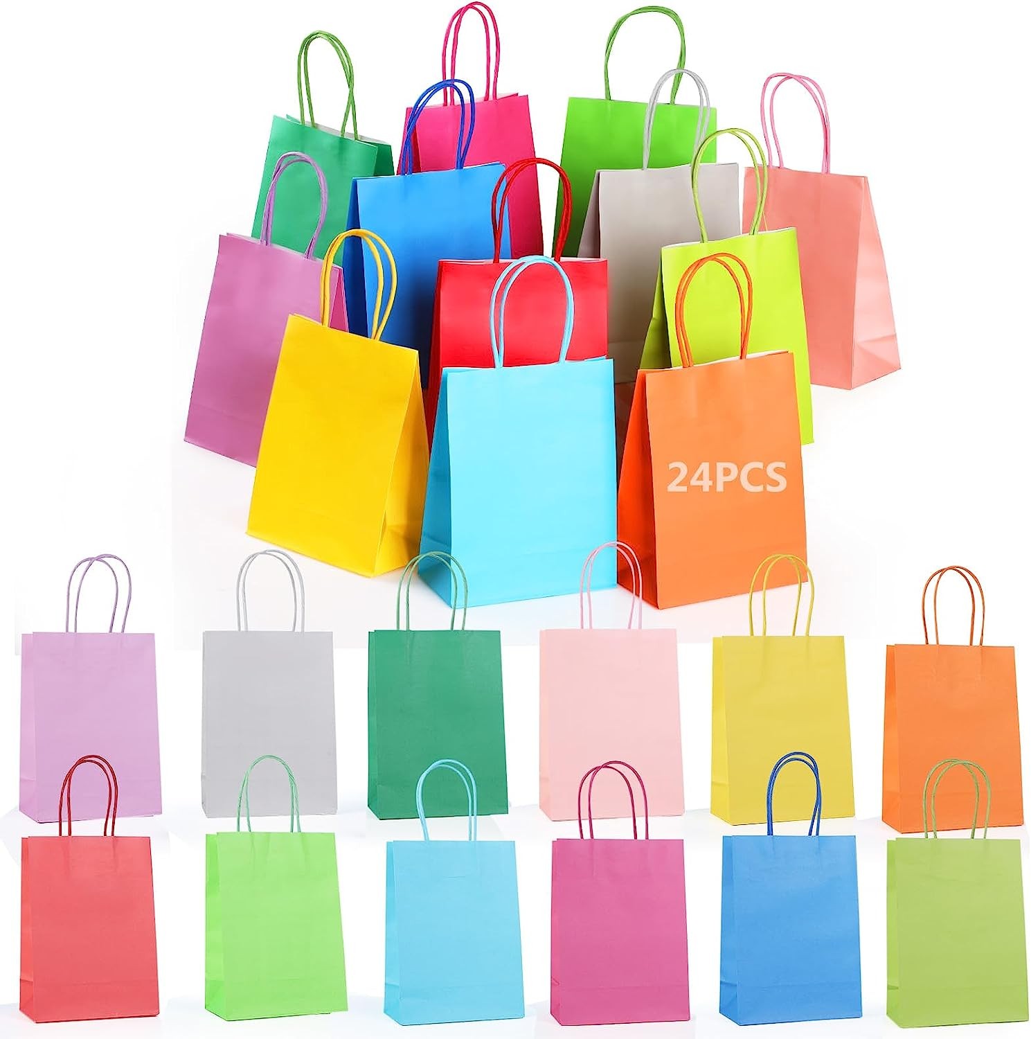 24 Pcs Kraft Paper Party Gift Bag,Joogee Small Paper Craft Bags(21Cm*15Cm*8Cm) with Handles,12 Assorted Colors Party Favor Paper Bags for Wedding, Baby Shower, Birthday, Gifts, Shopping and Party Supplies