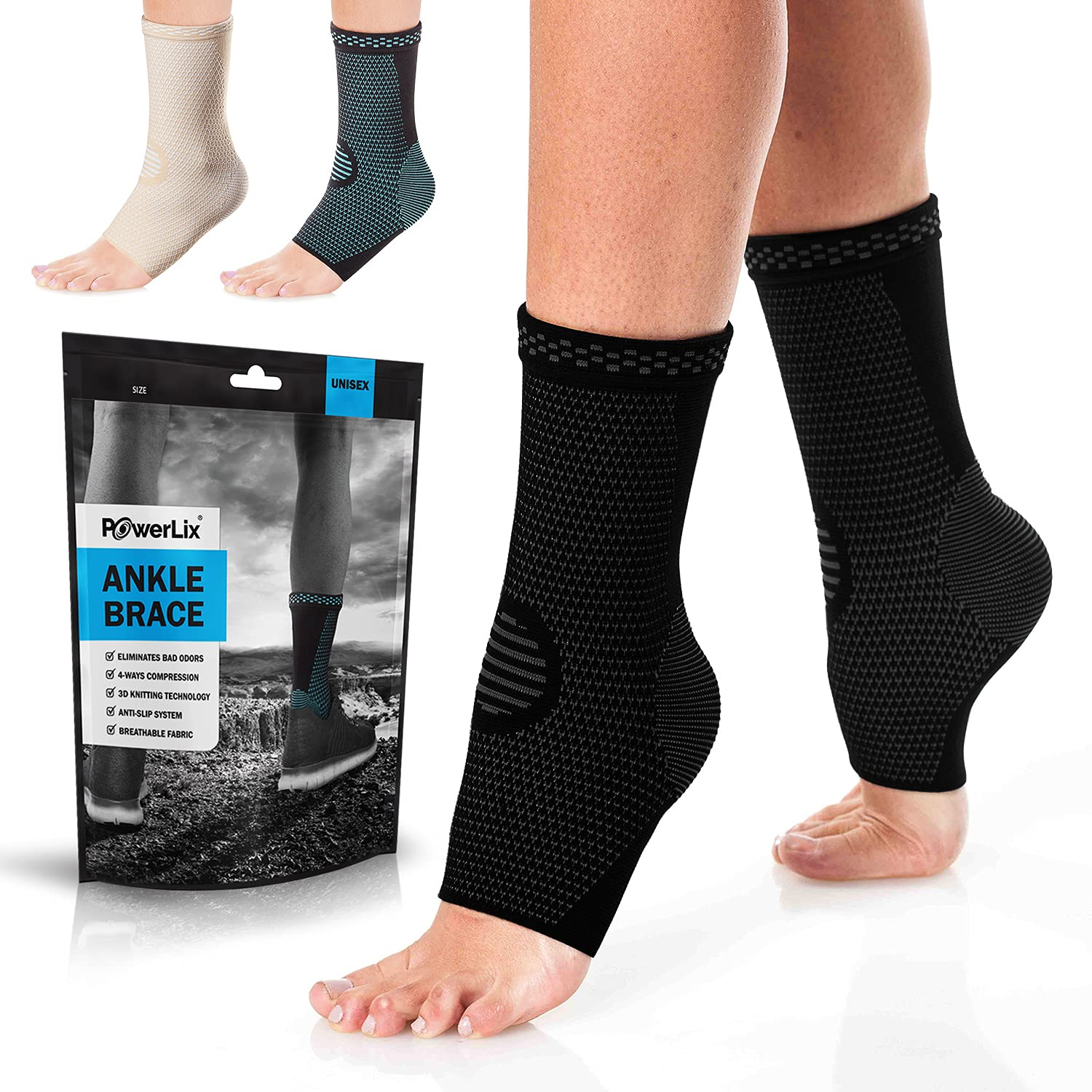 POWERLIX Ankle Support Brace 2 Pack, Ankle Brace for Men/Women/Kids, Support for Ligament Damage, Sports Protect, Injury Recovery, Plantar Fasciitis Foot Socks with Arch Support, Black, Medium