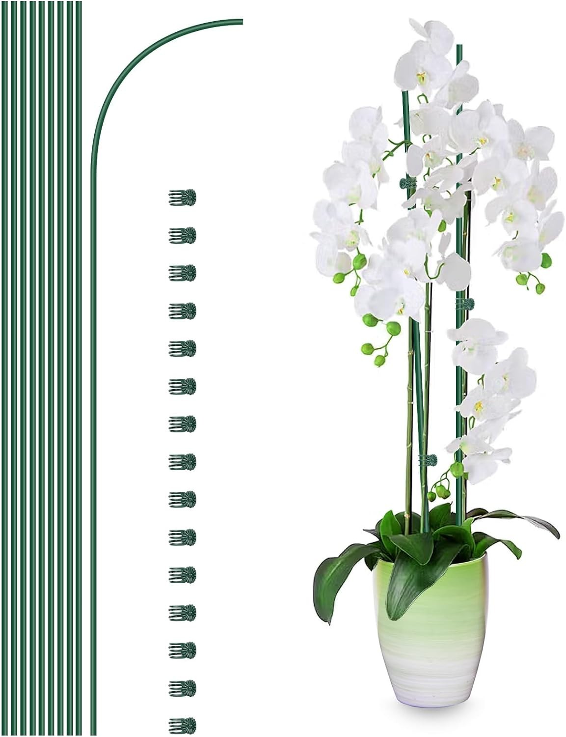 10Pcs Plant Support Stakes with 15 Pcs Plant Clips, Orchid Stakes Bendable Plant Stakes for Indoor and Outdoor Plants, 16Inch Tall Single Stem Orchid Sticks and Clips Set for Peony Rose-Green