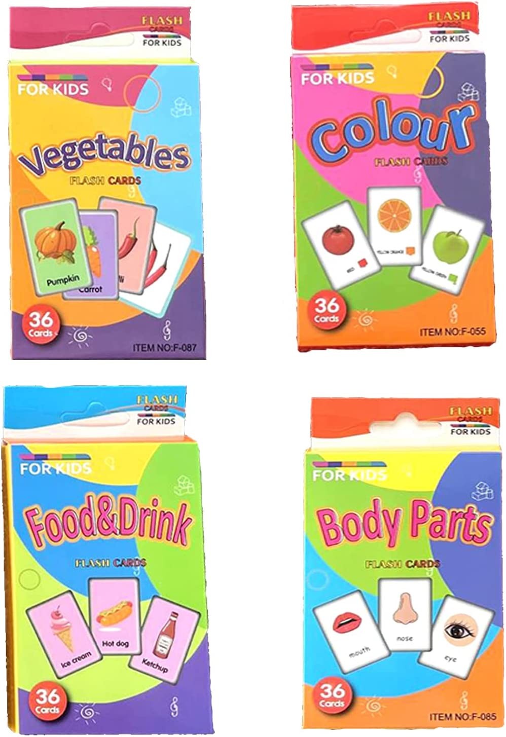 Large Vegetables, Color, Food&Drink, Body Parts Flash Cards, Learning Educational Flashcards,Learning Knowledge of a Good Helper(4 Themes, 144 Card)