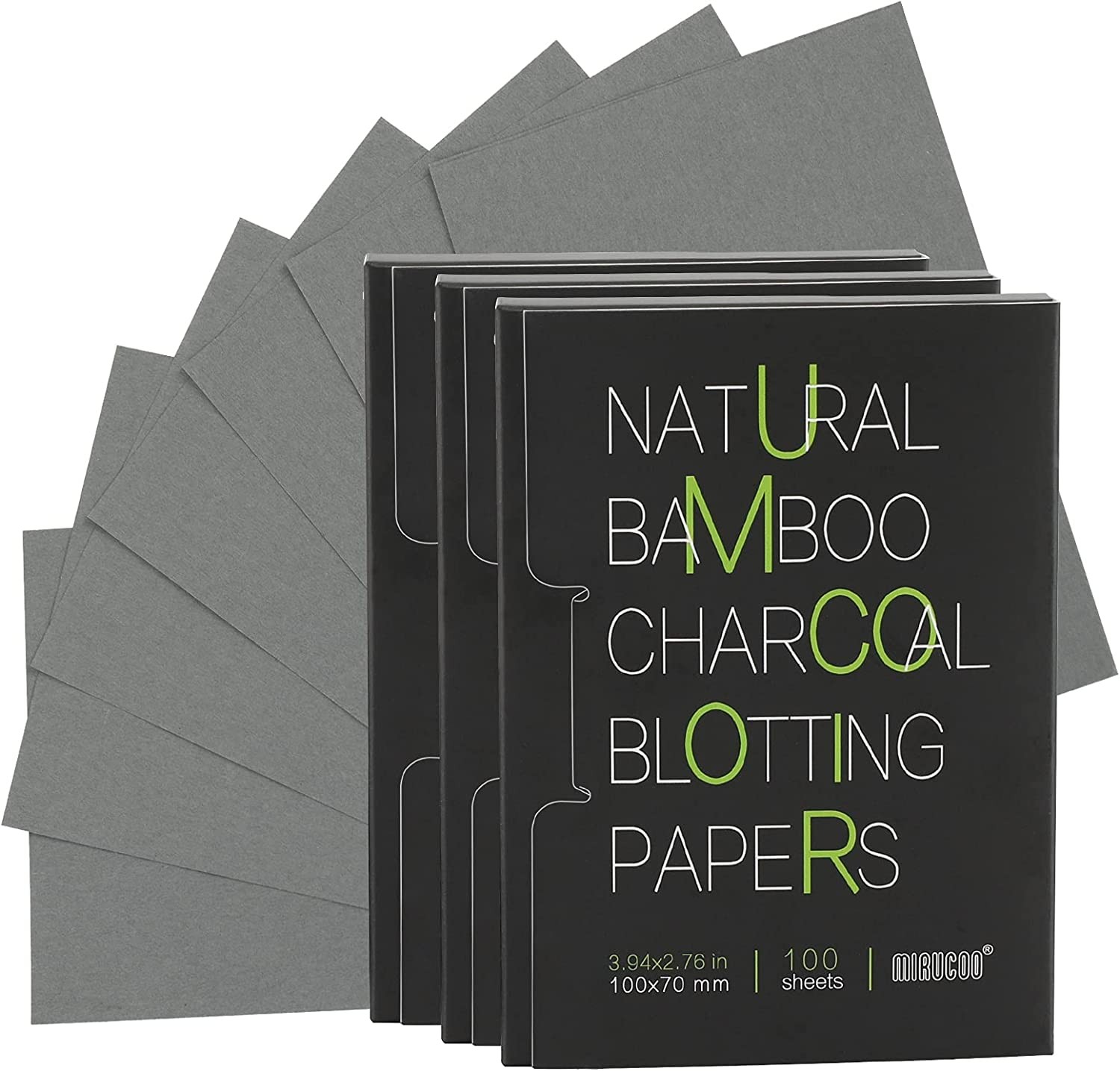 Mirucoo 300 Count Natural Bamboo Charcoal Blotting Papers Organic Facial Oil Absorbing Sheets for Oily Skin Care Daily Oil Control Linen Tissues (100 PCS/PK, 3 PKS)