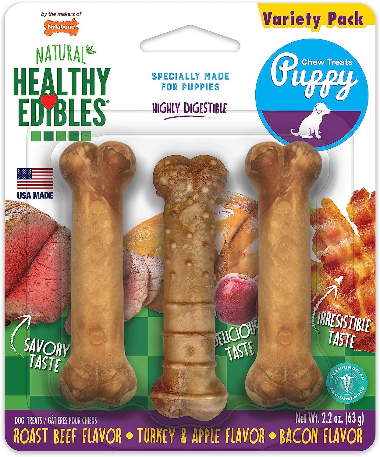 Nylabone Healthy Edibles Puppy Chew Treats Variety Pack 63 G (Pack of 3), Petite