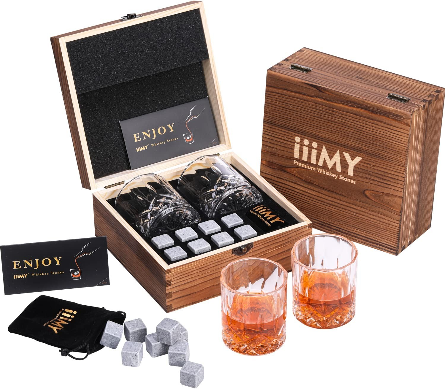 Whisky Stones and Glasses Gift Set, Whisky Rocks Chilling Stones in Handmade Wooden Box– Cool Drinks without Dilution – Whisky Glasses Set of 2, Dad, Husband, Men Gift – Iiimy