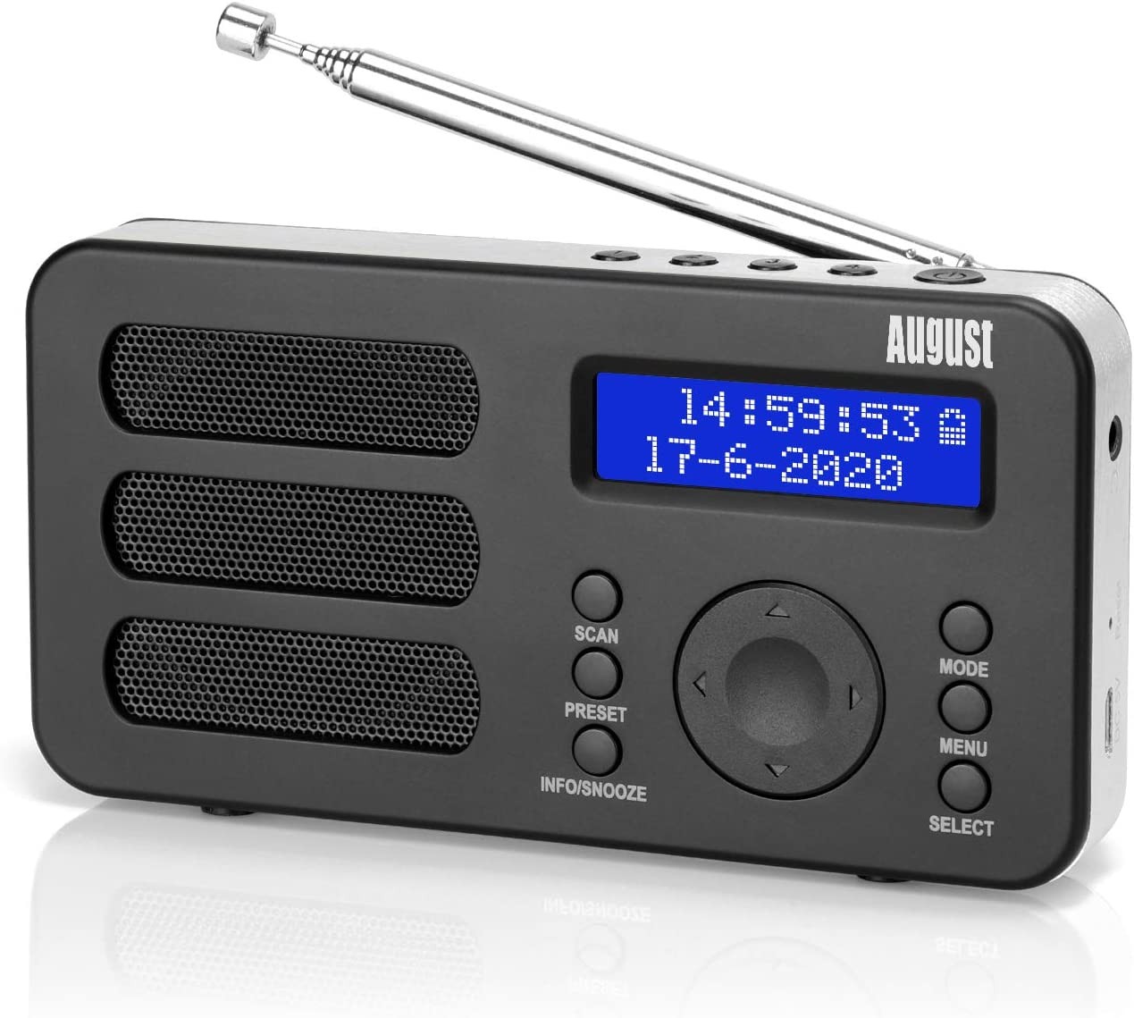 Portable DAB Radio – August MB225 – DAB/DAB +/FM – RDS Function, 40 Presets, Stereo/Mono Portable Digital Radio, Dual Alarm, Rechargeable Battery, Headphone Jack (Black)