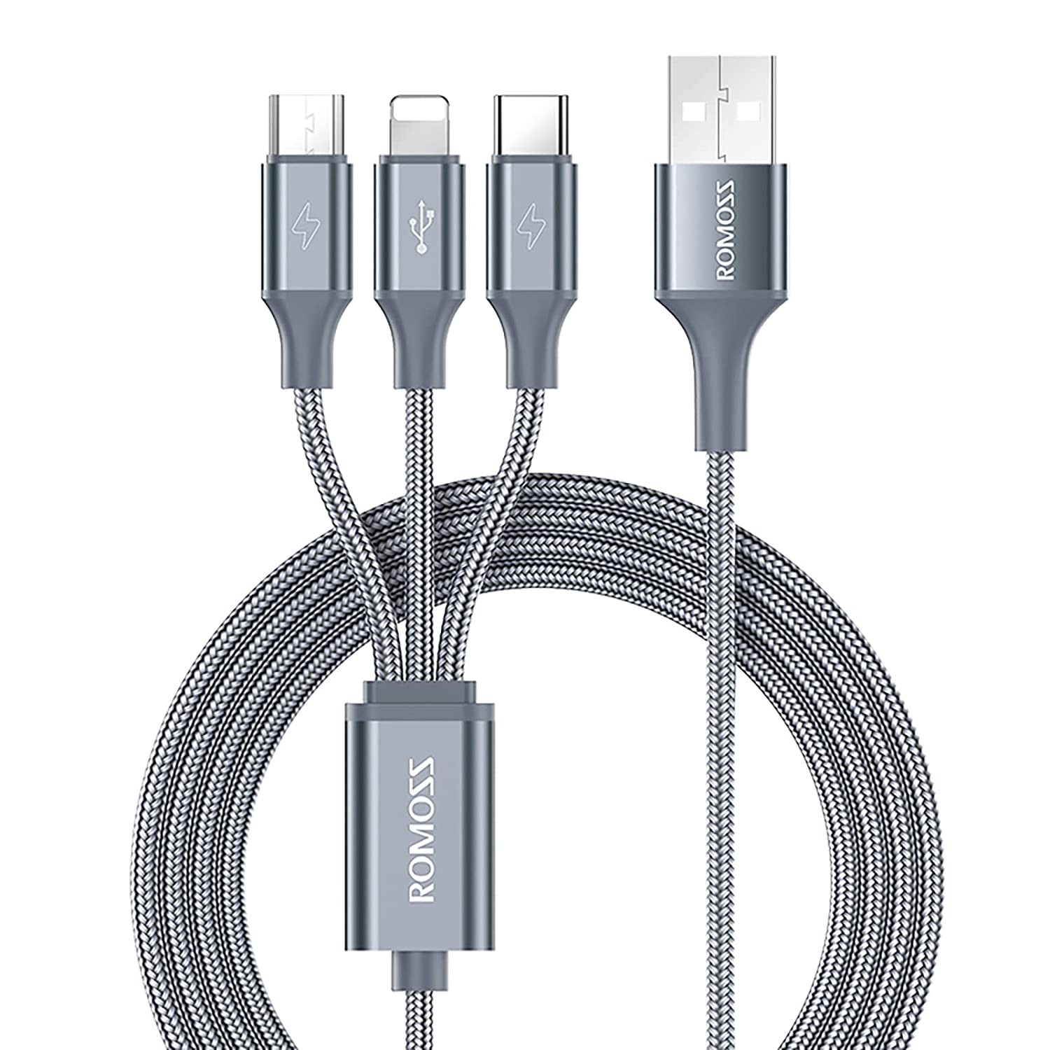 ROMOSS 3 in 1 Multi Charging Cable, 3.3Ft/1M Universal USB C Cable Fast Charging Cord, USB to USB C/Micro Usb/Lighting Cable for Iphone, Tablets, Samsung Galaxy, Google Pixel, LG and More(1 Pack)