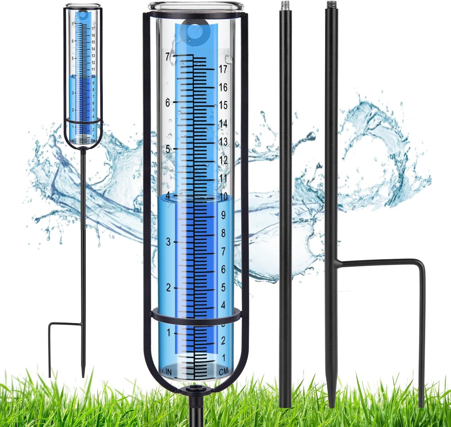 Richene Rain Gauge Upgrade, 7″ Capacity Glass Rain Gauge Outdoor-Detachable Rain Guage with Lengthen Stake Best Rated for Yard, Lawn & Garden