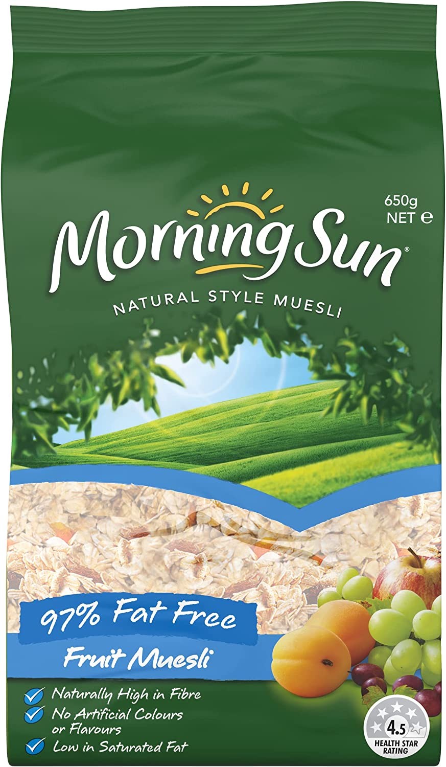 Morning Sun Muesli Breakfast Cereal Natural Style, 97% Fat Free, 650G