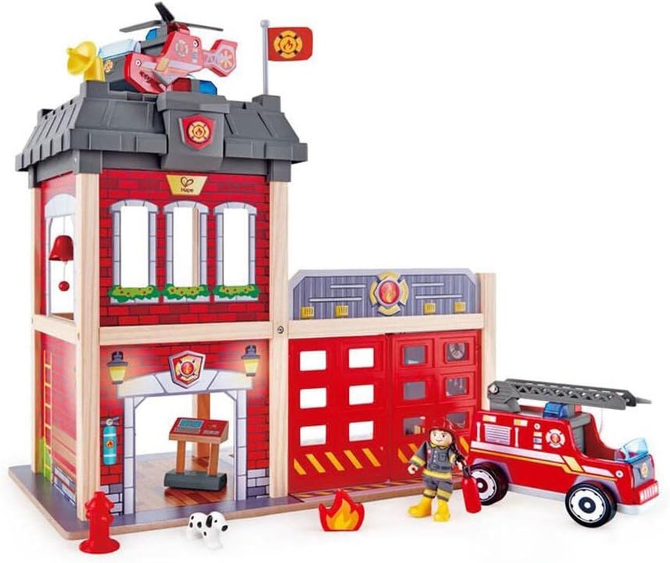 13Pc Hape 60Cm City Fire Station Kids 3Y+ Wooden Toy W/Fire Fighter/Dog Figures