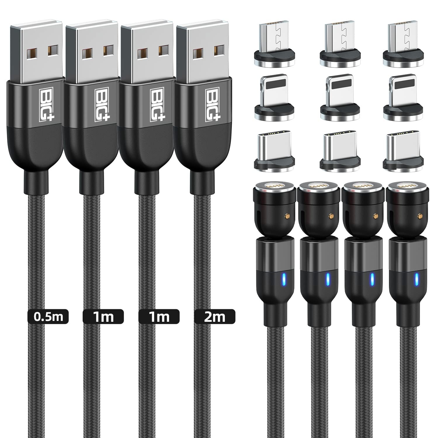 BIG+ Magnetic Charging and Data Cable with 540° Rotating Head [4 Pack Various Size] QC3.0A Magnetic Fast Charging and Data Cable. Compatible with All Smartphones, USB Type C and Micro USB