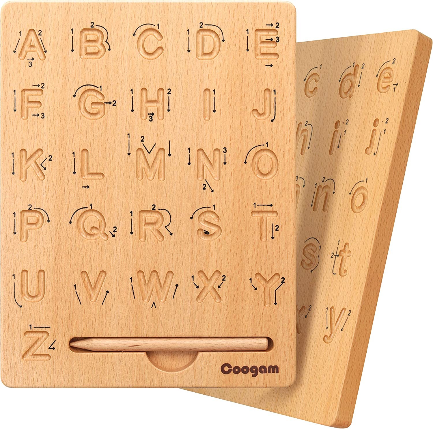 Coogam Wooden Letter Tracing Board Double-Sided, Alphabet 123 Numbers Cognition Montessori Early Learning STEM Preschool Toy 3 4 5 Years Old Kids