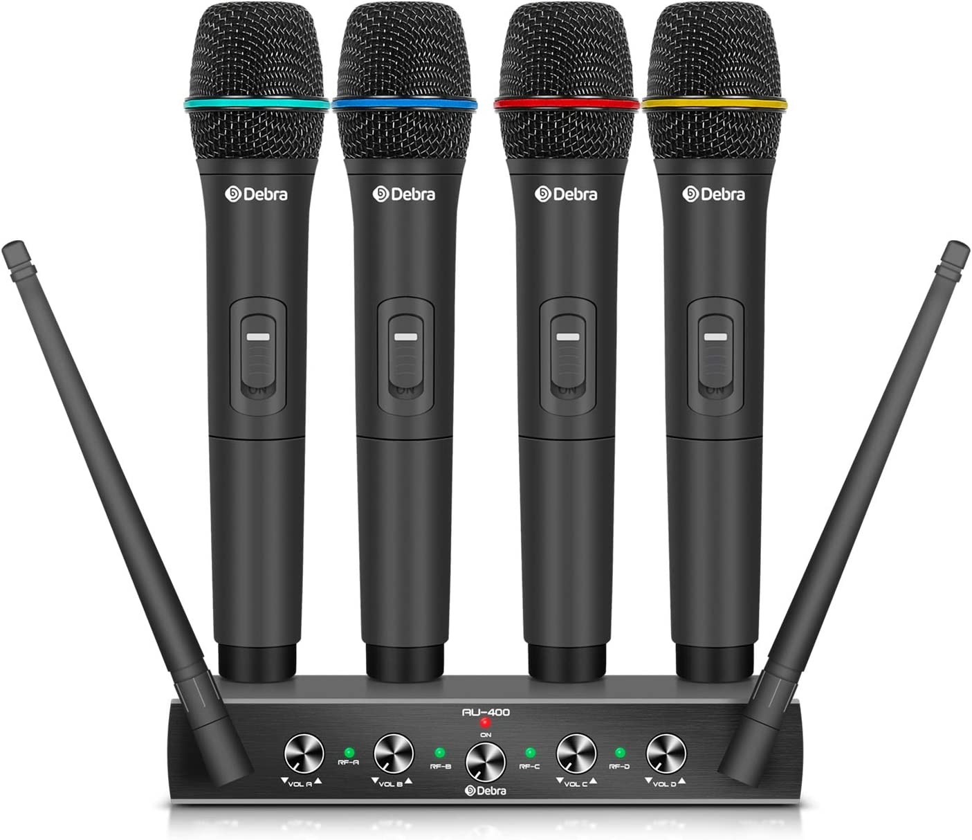 Debra Audio Pro UHF 4 Channel Wireless Microphone System with Cordless Handheld Lavalier Headset Mics, Metal Receiver, Ideal for Karaoke Church Party (With 4 Handheld (A Frequency))