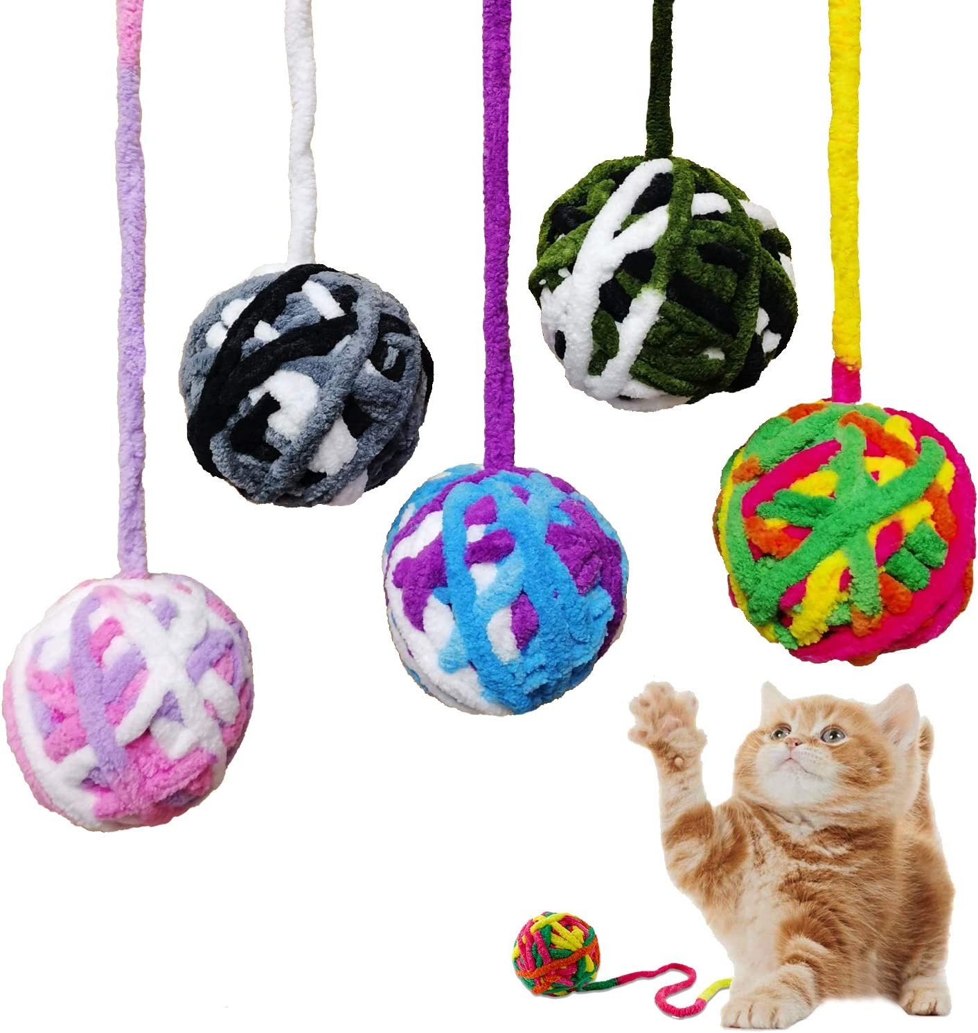 MAIYU Cat Toy Balls – 5 PCS Colorful Yarn Cat Balls Built-In Bell Cat Toys Interactive Kitten Toys Cat Ball Toys for Cats Kitten