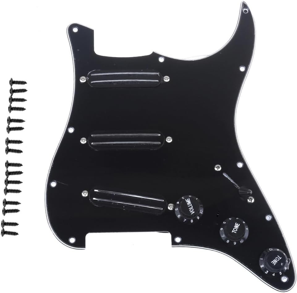 Musiclily Basic Pre-Wired Loaded Standard ST-SSS Pickguard with Ceramic Magnet Dual Hot Rail Pickups Set for Strat Style Electric Guitar, 3 Ply Black