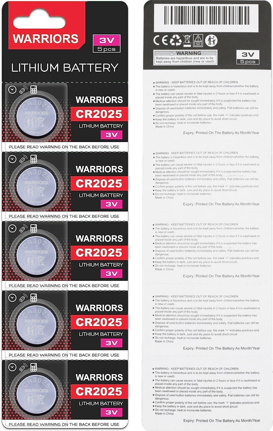 Warriors 2025 CR2025 Coin Button Cell 3V 3 Volt Lithium Batteries 5X Retail Pack Compliant with Coin Battery Safety Standards 2020