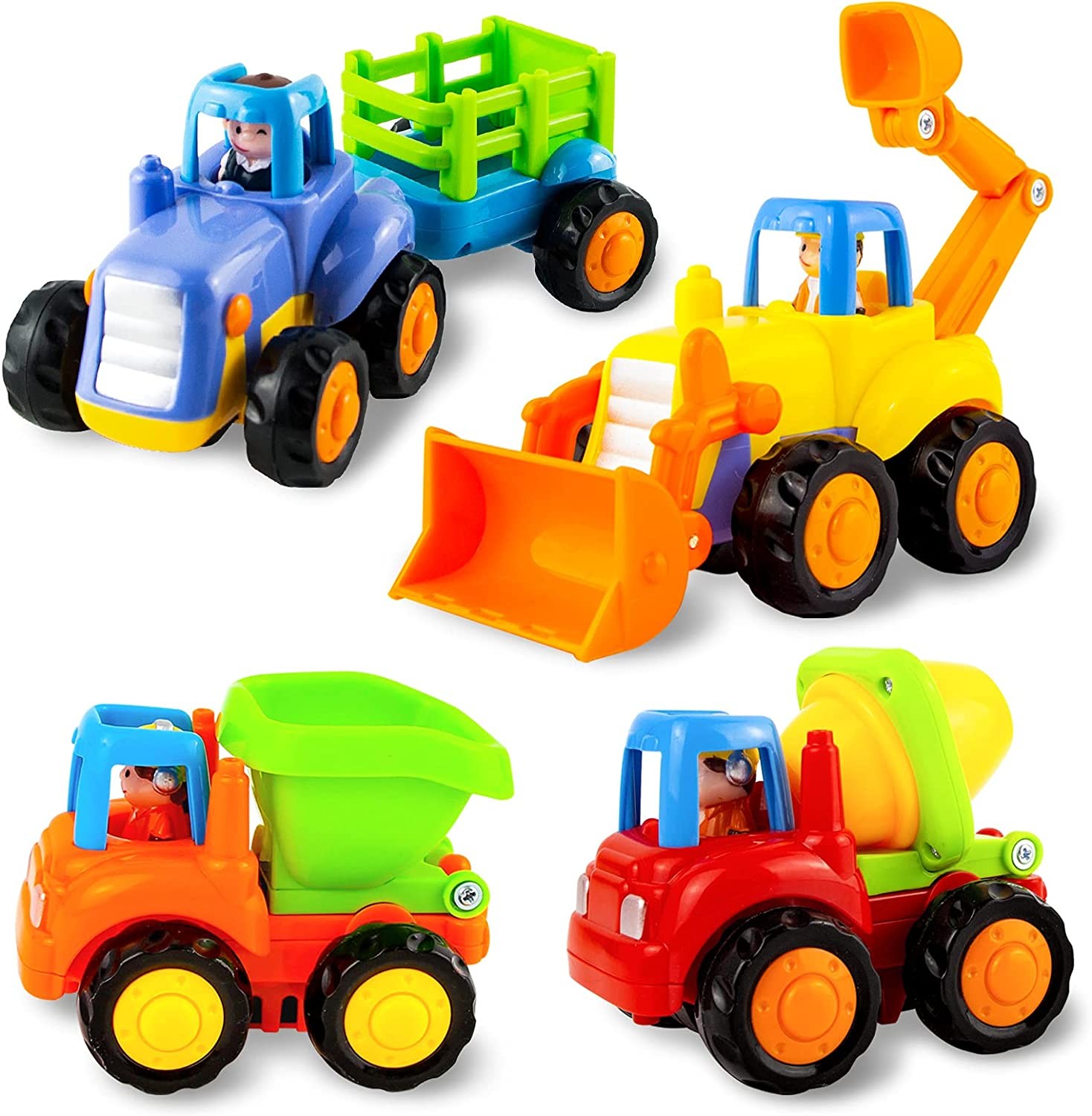 YOLOMOON Baby Toys Car, 4 PCS Push and Go Friction Powered Car Toy, Construction Engineering Vehicles Toy Set, Tractor Bulldozer Dumper Cement Mixer Truck, Early Educational Toys for 1 2 3 Year Old Boys Girls, Gifts for Toddlers Kids