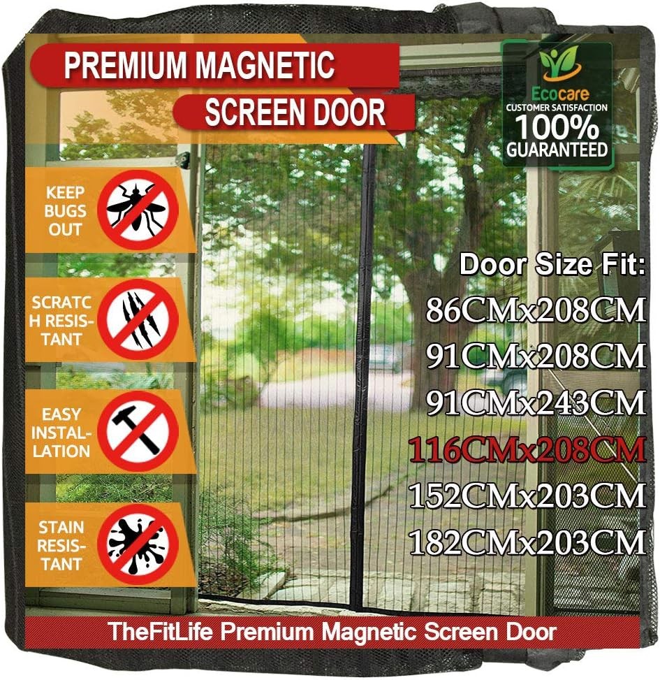 Thefitlife Magnetic Screen Door – Heavy Duty Mesh Curtain with Full Frame Hook and Loop Powerful Magnets That Snap Shut Automatically (48″X83″ Fits Door Size up to 46″X82″ Max)