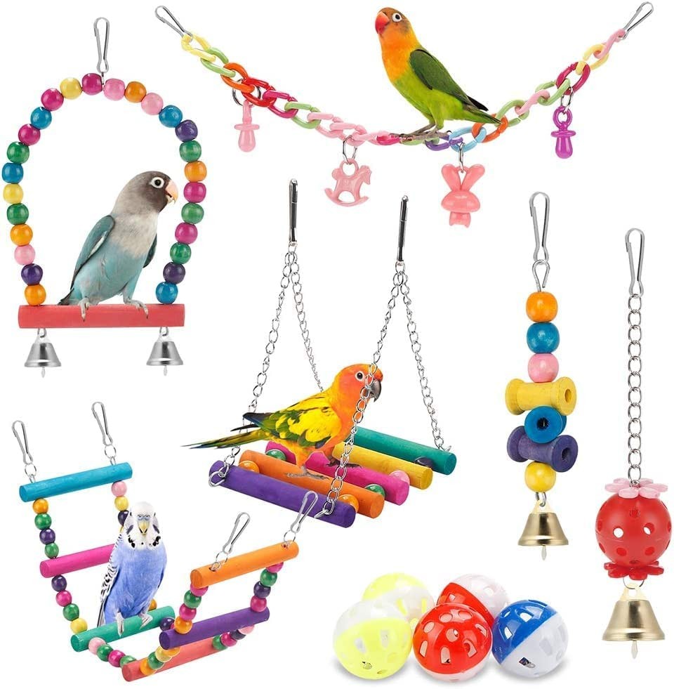 Bird Parakeet Toys, 11 Pcs Swing Hanging Standing Chewing Toy Hammock Climbing Ladder Bird Cage Colorful Toys Suitable for Budgerigar, Parakeet, Conure, Cockatiel, Mynah, Love Birds, Finches