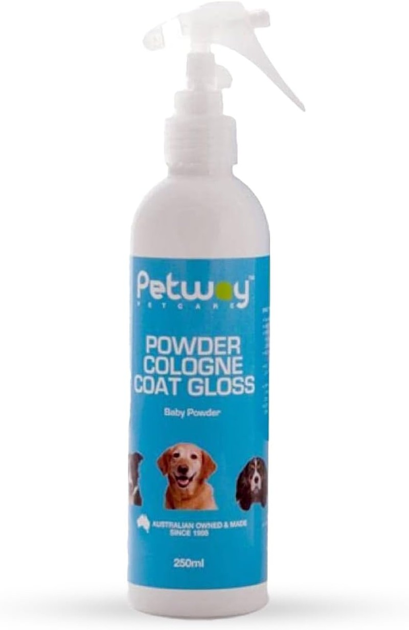 Petway Petcare Powder Cologne Coat Gloss – Natural Cosmetic Dog Cologne Spray for Conditioning Qualities , Dog Show Gloss with a Soft Baby Powder Fragrance, Pet Odour Eliminator and Dog Grooming Spray – 250Ml