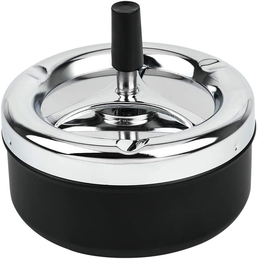 Round Push down Ashtray with Spinning Tray Metal Cigarette Ash Tray Large 5.2 Inches Home Ashtray for outside Patio – Black