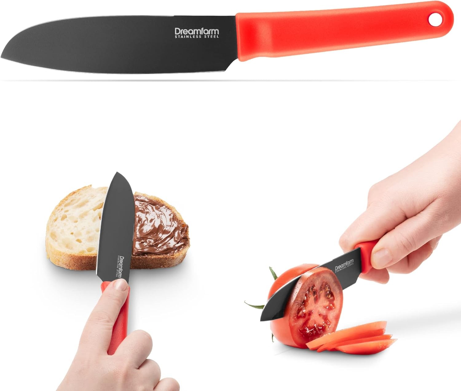 Dreamfarm Kneed | Everyday Cutting, Spreading, Scooping Knife | with Built-In Plastic Wrap Cutter & Protective Blade Cover | Red