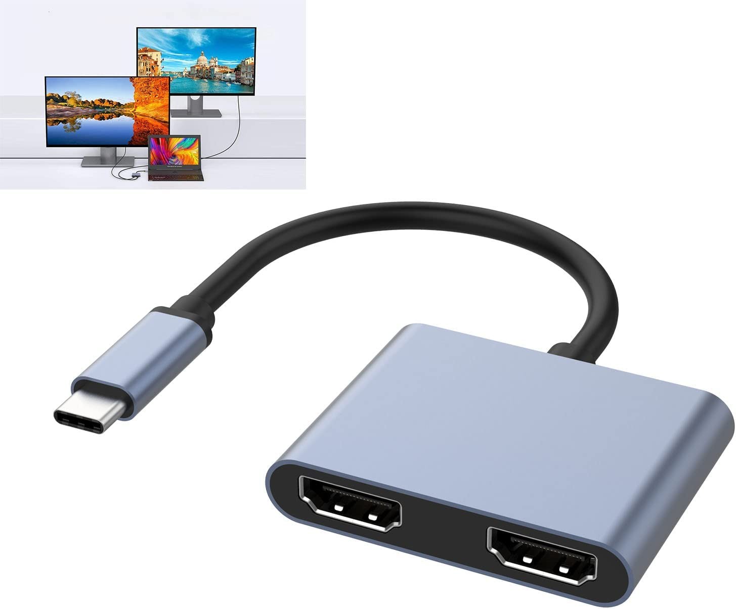 HARIBOL USB C to Dual HDMI Adapter, 2-In-1 Triple Display Dual HDMI USB C Hub, USB Type C to 2 HDMI Adapter 4K Compatible with Macbook Pro/Air, Chromebook Pixel, HP and More