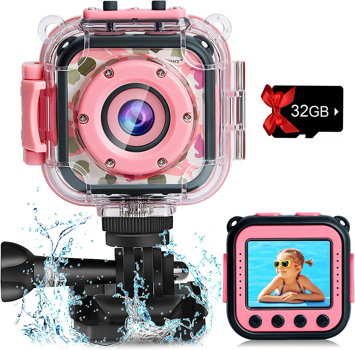 PROGRACE Children Kids Camera Waterproof Digital Video HD Action Camera 1080P Sports Camera Camcorder DV for Girls Birthday Learn Camera Toy 1.77” LCD Screen (Pink)