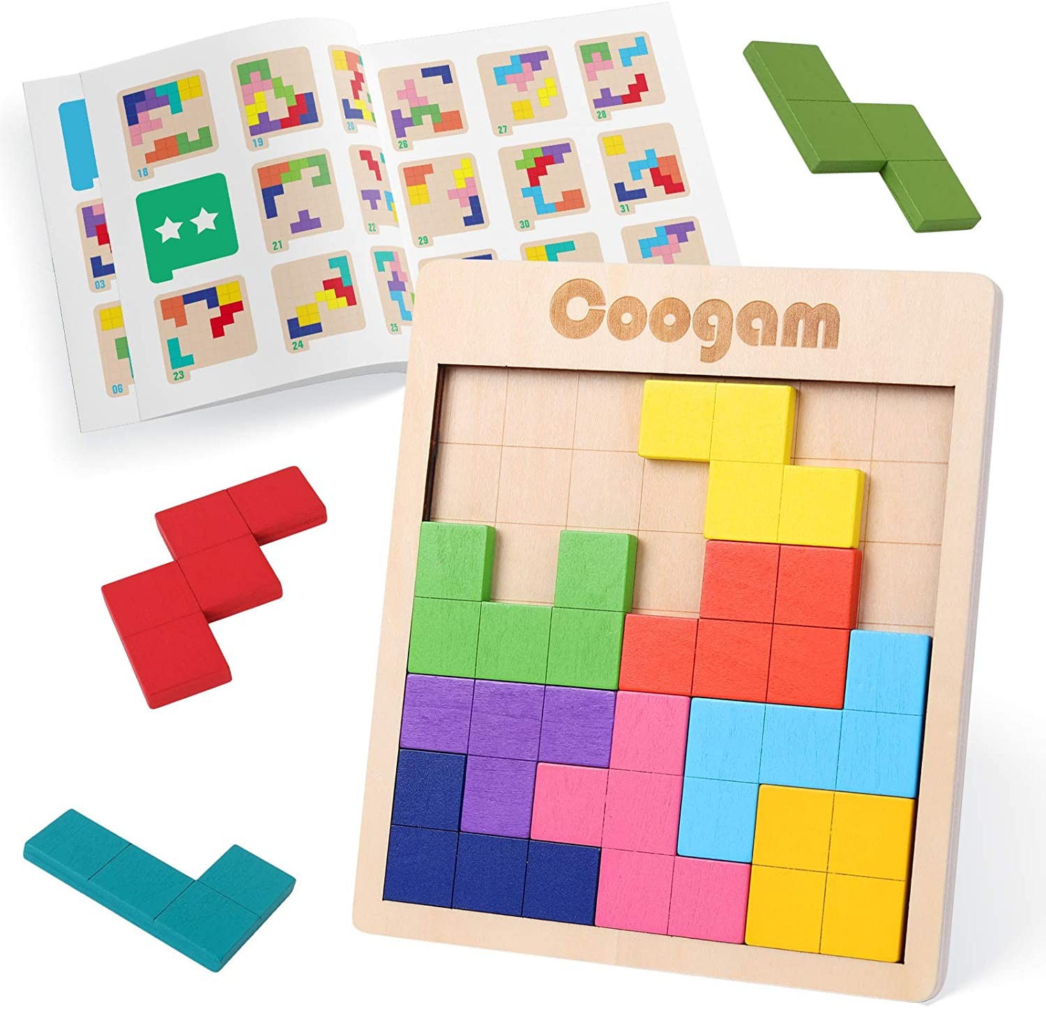 Coogam Wooden Tangram Puzzle Pattern Blocks Brain Teasers Game with 60 Challenges, 3D Russian Building Toy Wood Shape Jigsaw Puzzles Montessori STEM Educational Toys for Kids Adults