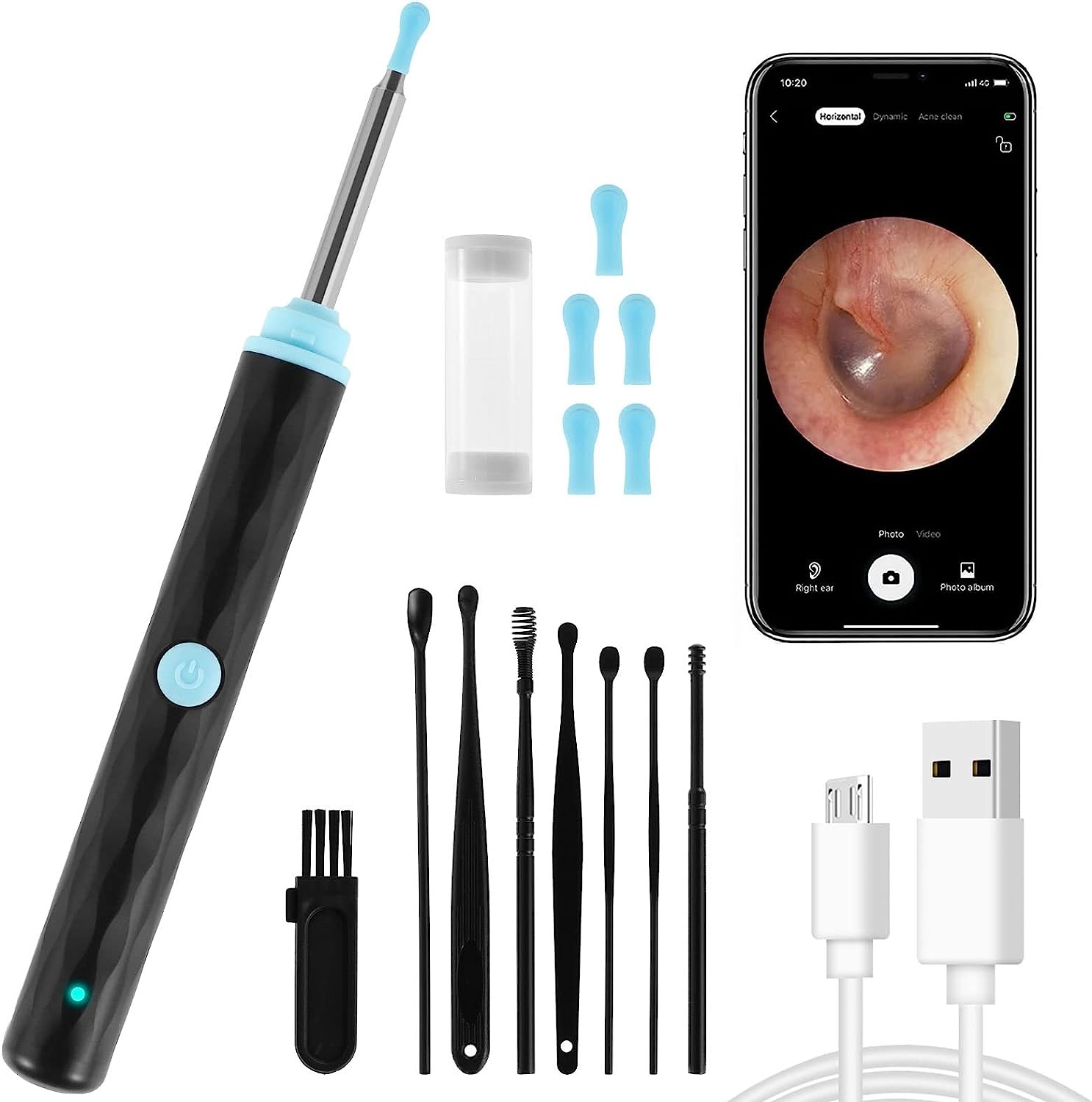 Ear Wax Removal Tool with Camera, 1296P HD Wifi Ear Cleaner Earwax Remover Otoscope Kit with 6 LED Lights, Wireless Waterproof Ear Cleaning Kit, Visual Ear Scope Vacuum Cleaner for Adults Kids (B)