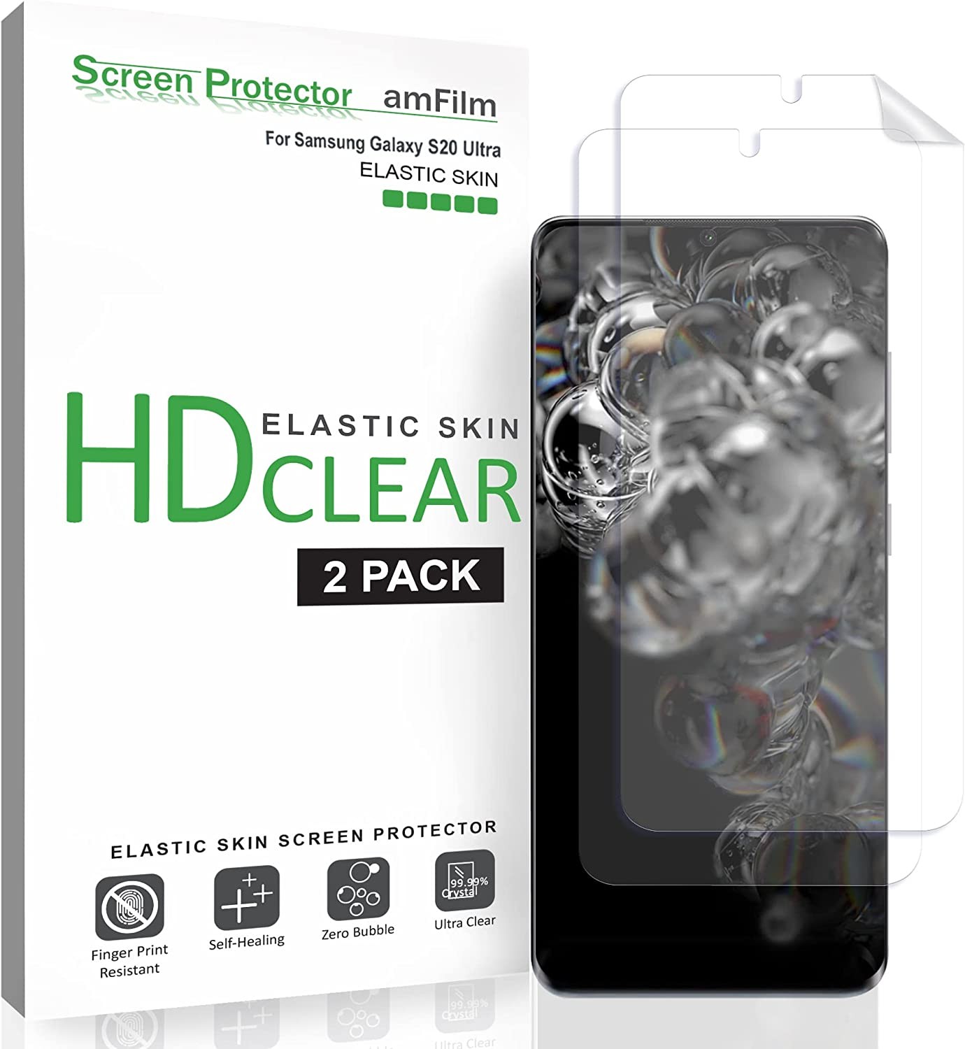 Amfilm Elastic Skin Screen Protector for Samsung Galaxy S20 Ultra (2 Pack) Easy Installation, Alignment Tool, HD Clear, Premium Quality Screen Protector