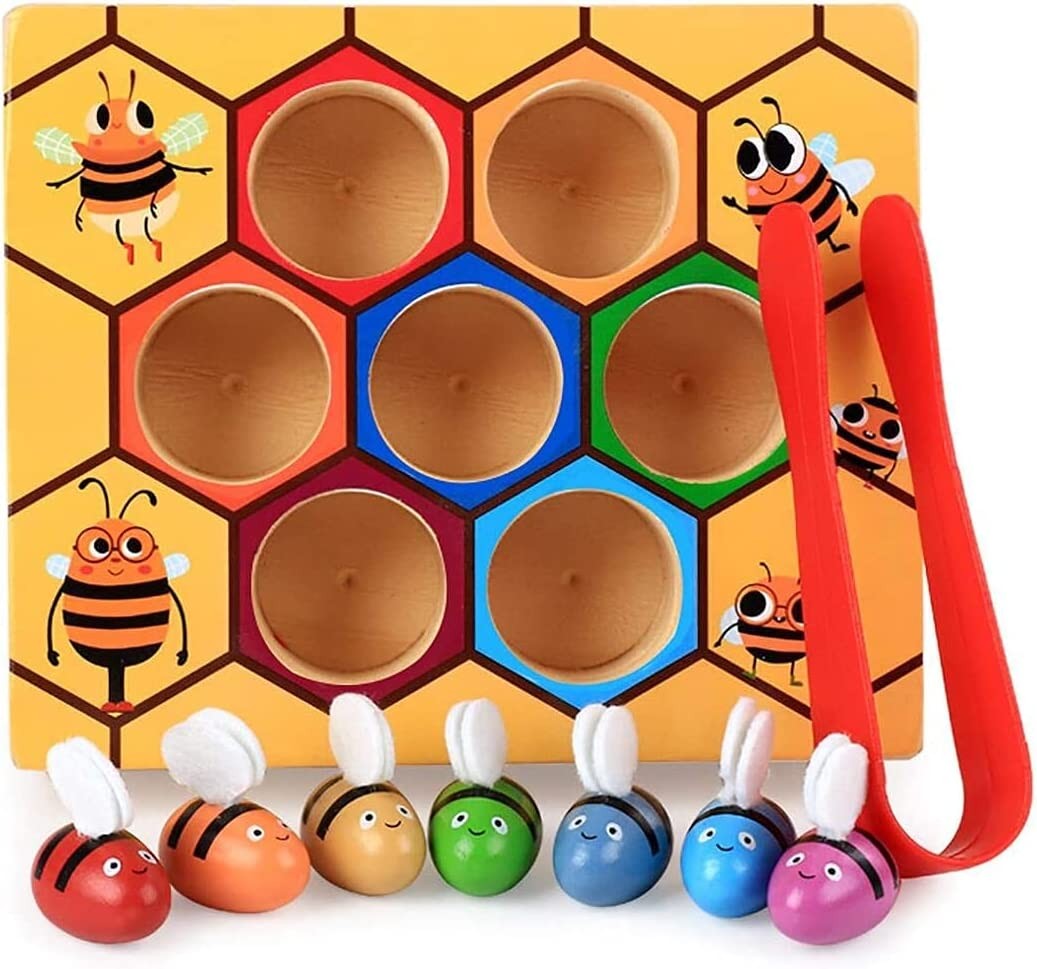 Toddler Fine Motor Skill Toy – Clamp Bee to Hive Matching Game – Montessori Wooden Color Sorting Puzzle Early Learning Preschool Educational Kids Toys for 3 4 5 Years Old Boys and Girls Gift