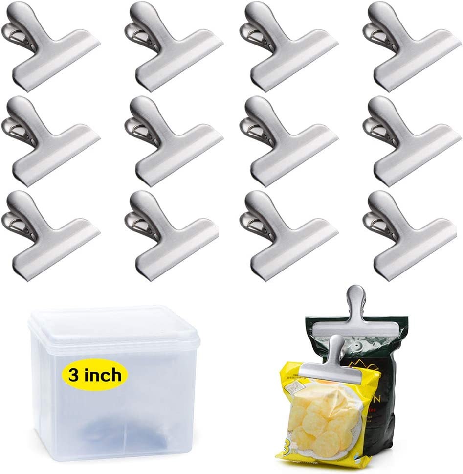 12 Pack Heavy Duty Chip Bag Clips,3 Inch Wide Stainless Steel Food Bag Clip, Perfect for Air Tight Seal Grips on Coffee, Food & Bread Bags, Office Kitchen Home Usage(No Sharp Edges)