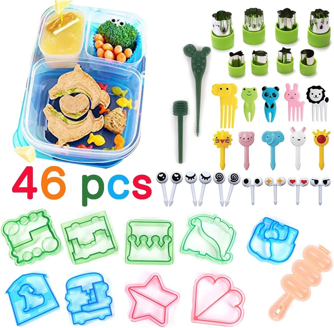 46 in 1 Sandwich Cutter Shapes Set, Bento Lunch Box Supplies and Accessories Sandwich Bread Cutters, Fruit Cutter, Animal Food Picks, Rice Ball Maker, Vegetables Fruits Cheese Shapes Mold Supplies Crust Lunchbox and Bento Box